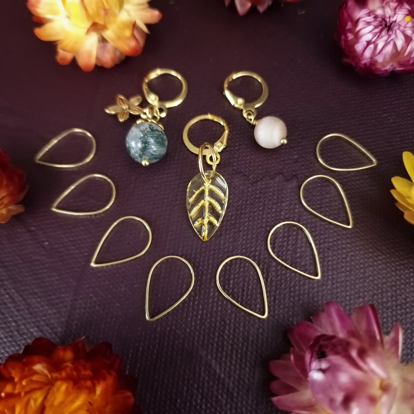 Stitch marker set ~ Golden Leaf ~ Knitting notions, raglan set, progress markers, progress keepers, gift for knitter
