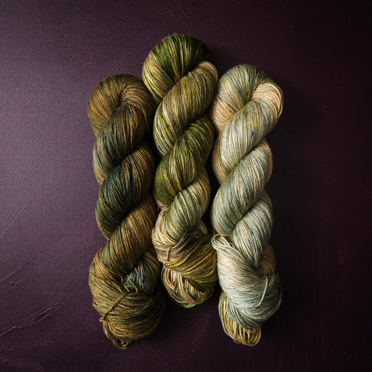 Hand dyed yarn ~ Fade Set ~ Mossy Willow ~ tencel yarn, bamboo, vegan, hand painted, fingering, DK