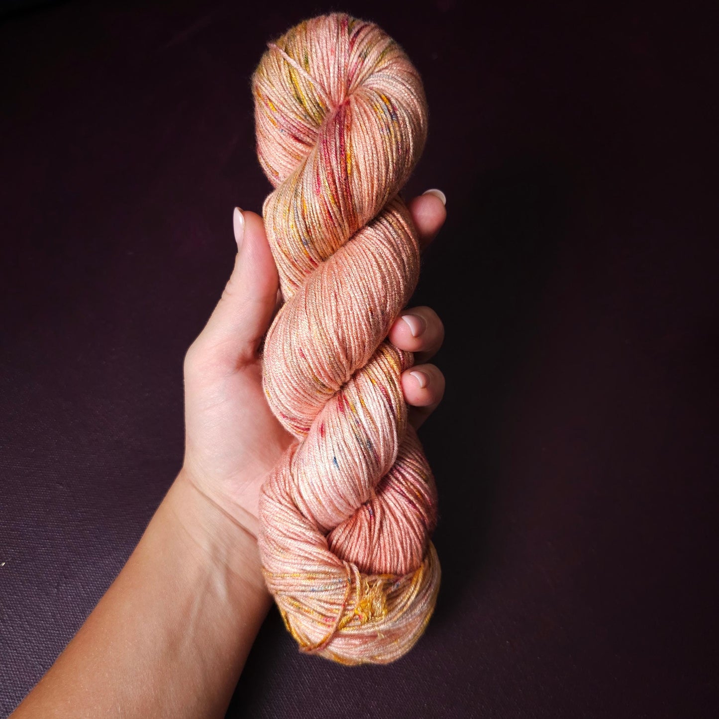 Hand dyed vegan yarn, Spring Peach, Fingering Bamboo, DK tencel yarn, hand painted plant based yarn, speckled variegated mercerized cotton