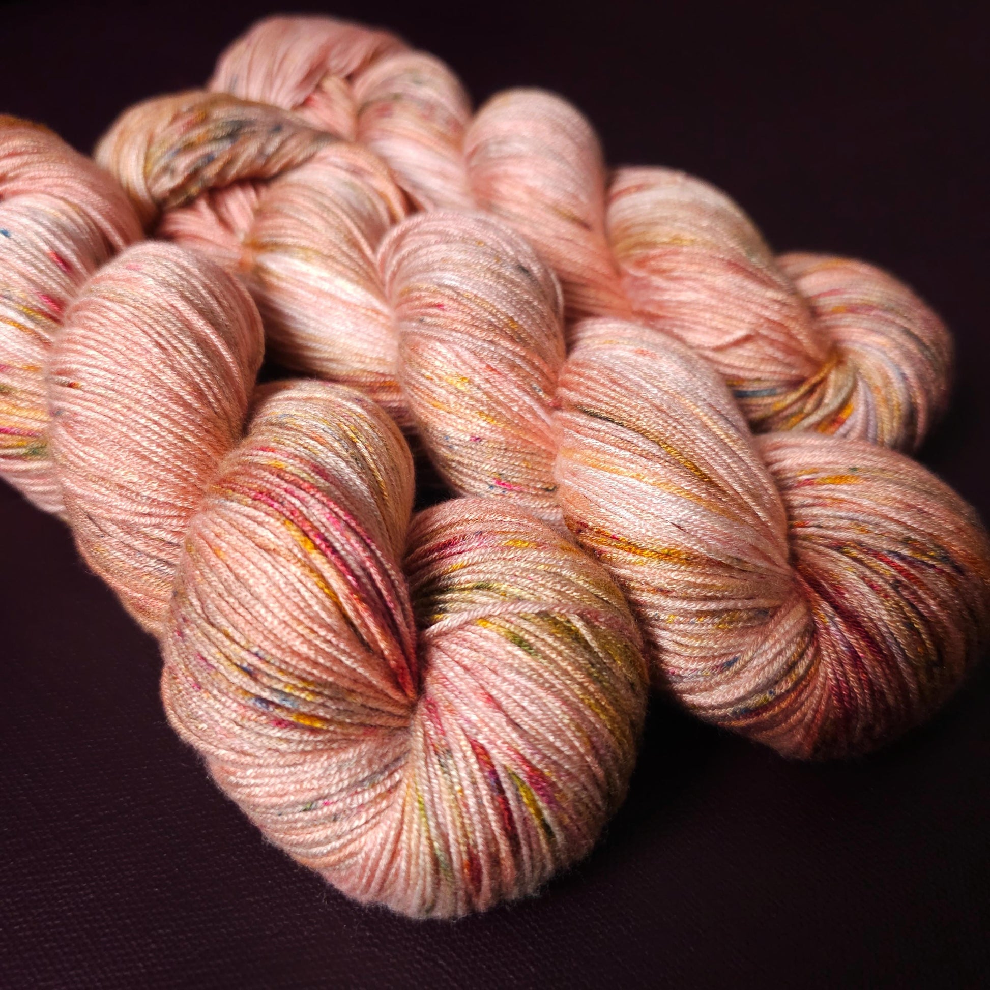 Hand dyed vegan yarn, Spring Peach, Fingering Bamboo, DK tencel yarn, hand painted plant based yarn, speckled variegated mercerized cotton