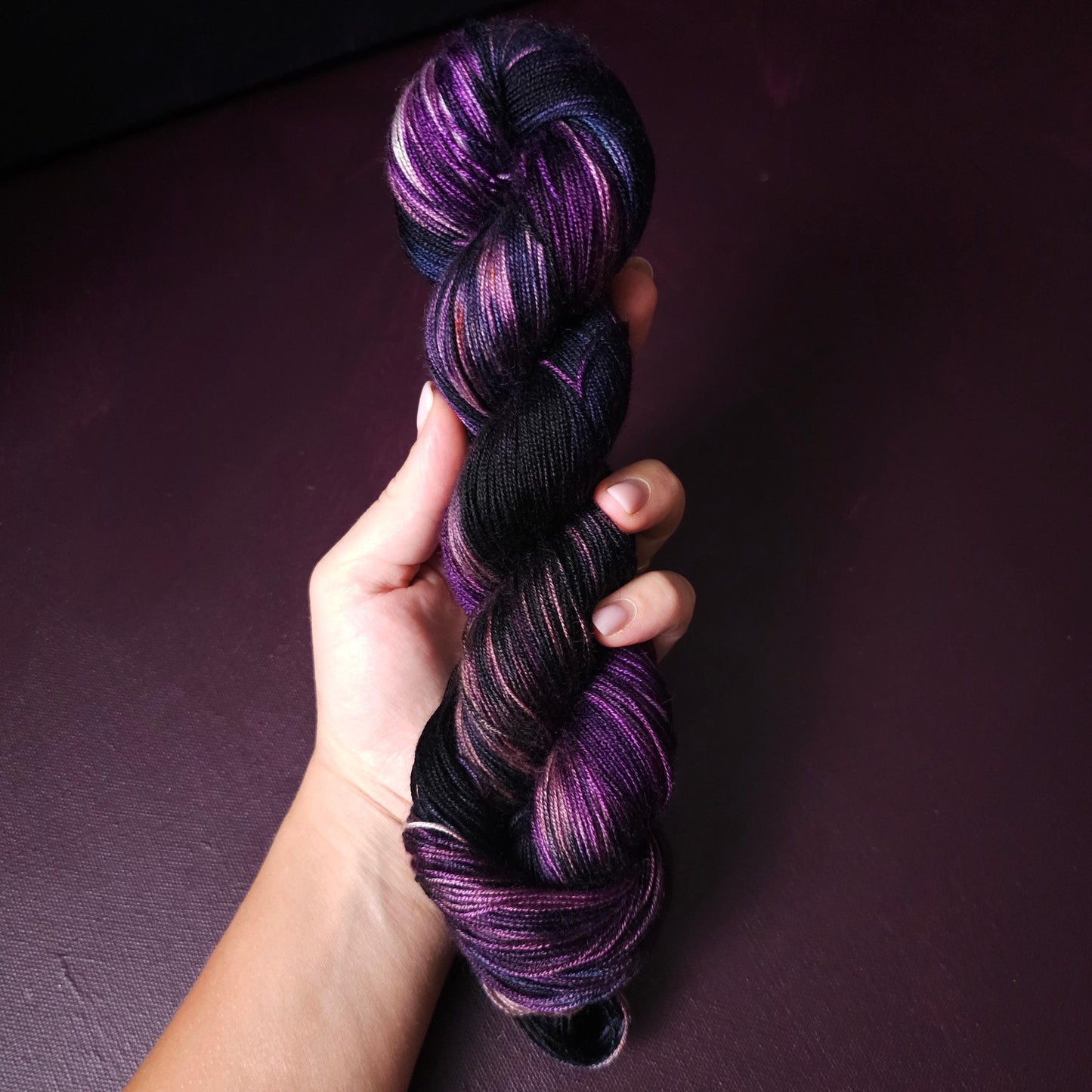 Hand dyed vegan yarn, Grapes In Space, Fingering Bamboo, DK tencel yarn, hand painted plant based yarn, variegated mercerized cotton