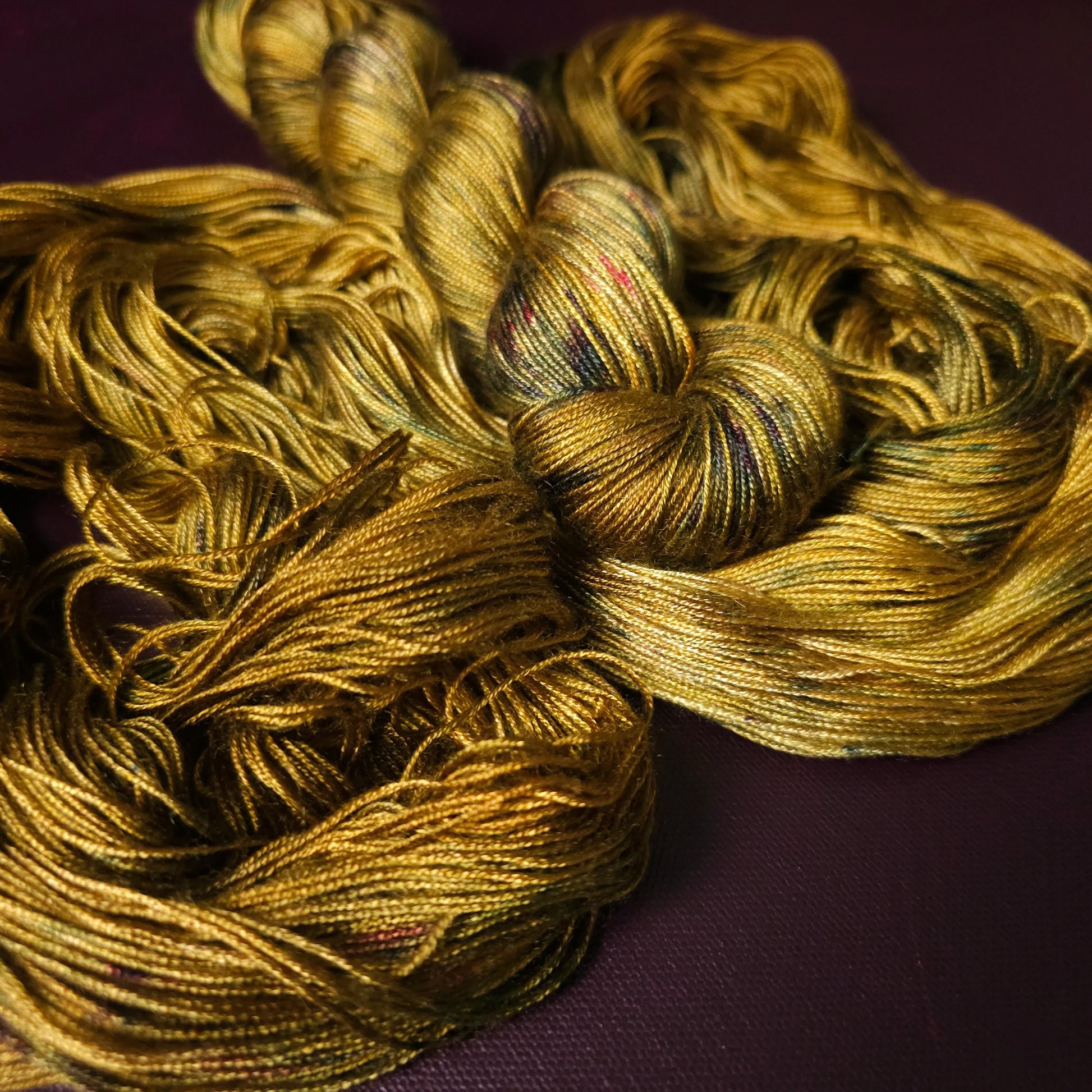 Ochre Haze, hand dyed vegan yarn, speckled yarn, fingering / DK weight knitting yarn, tencel OR bamboo yarn, shiny crochet thread,