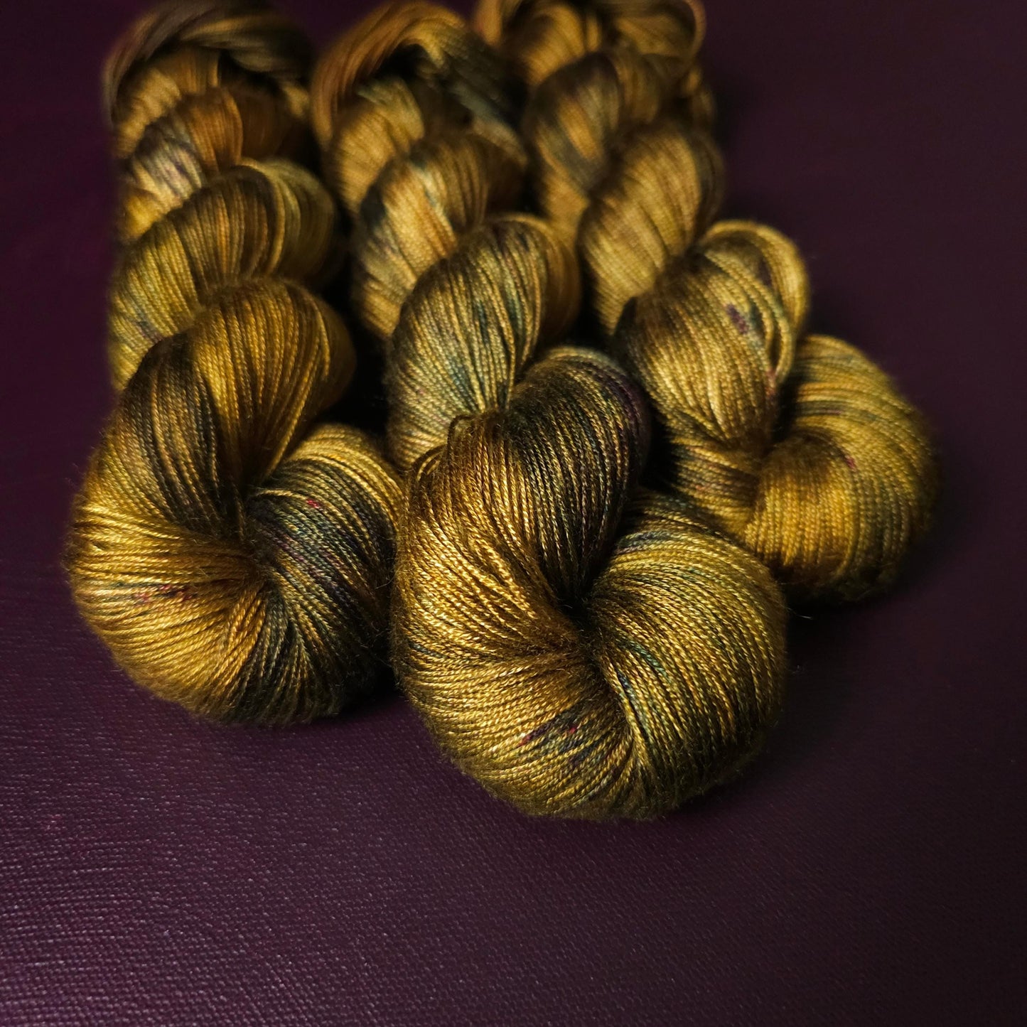 Dark Ochre Haze, hand dyed vegan yarn, speckled yarn, fingering / DK weight knitting yarn, tencel OR bamboo yarn, shiny crochet thread,