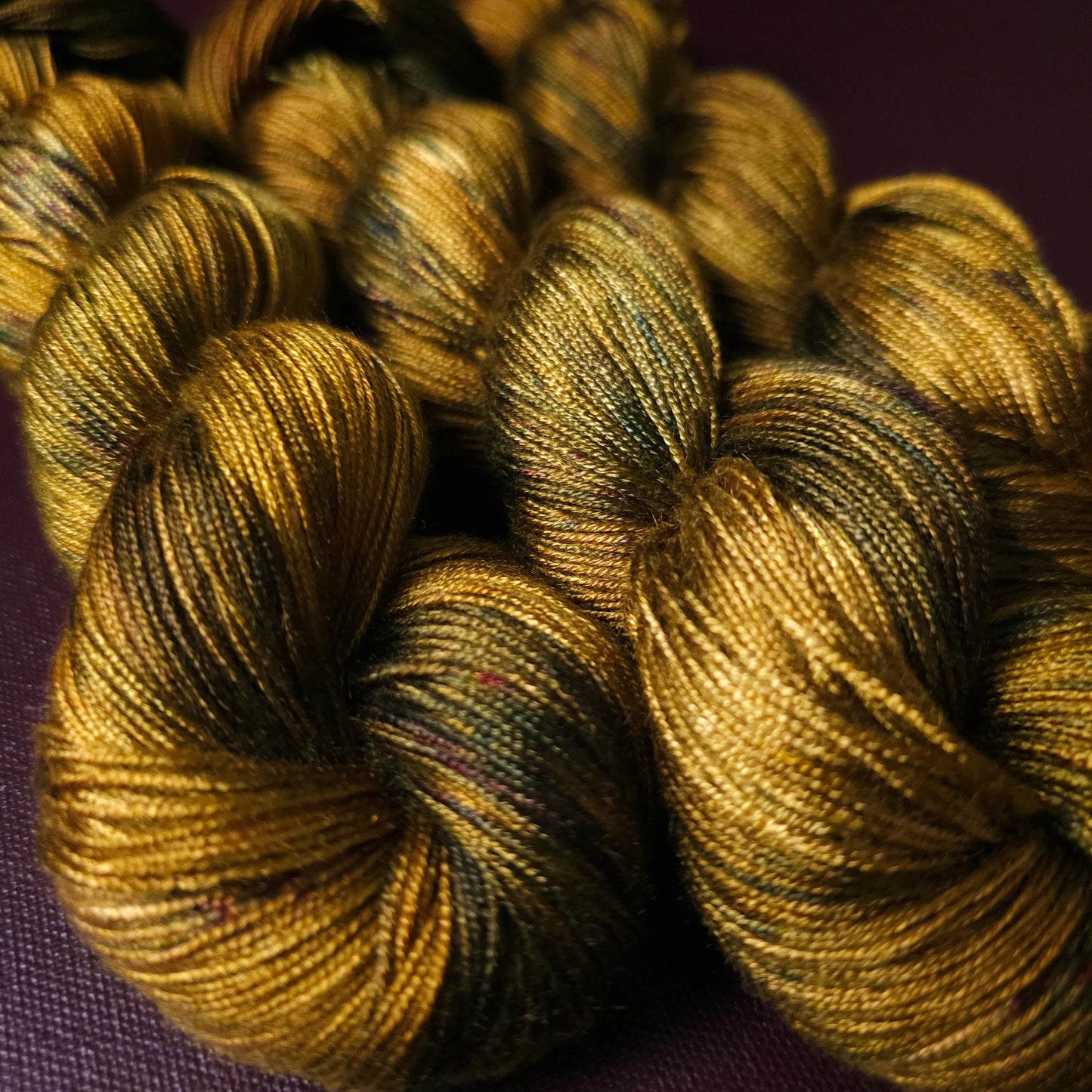 Dark Ochre Haze, hand dyed vegan yarn, speckled yarn, fingering / DK weight knitting yarn, tencel OR bamboo yarn, shiny crochet thread,
