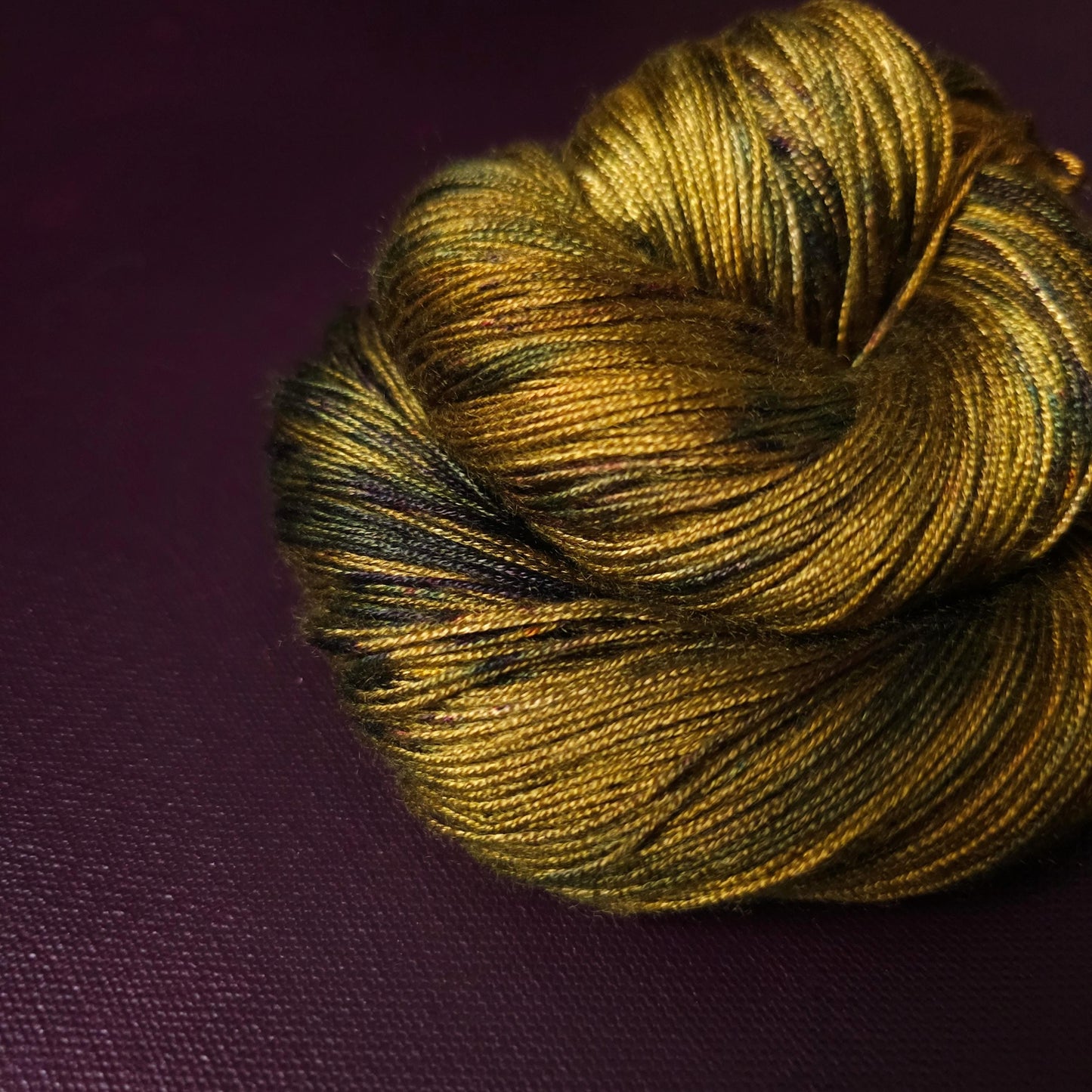 Dark Ochre Haze, hand dyed vegan yarn, speckled yarn, fingering / DK weight knitting yarn, tencel OR bamboo yarn, shiny crochet thread,