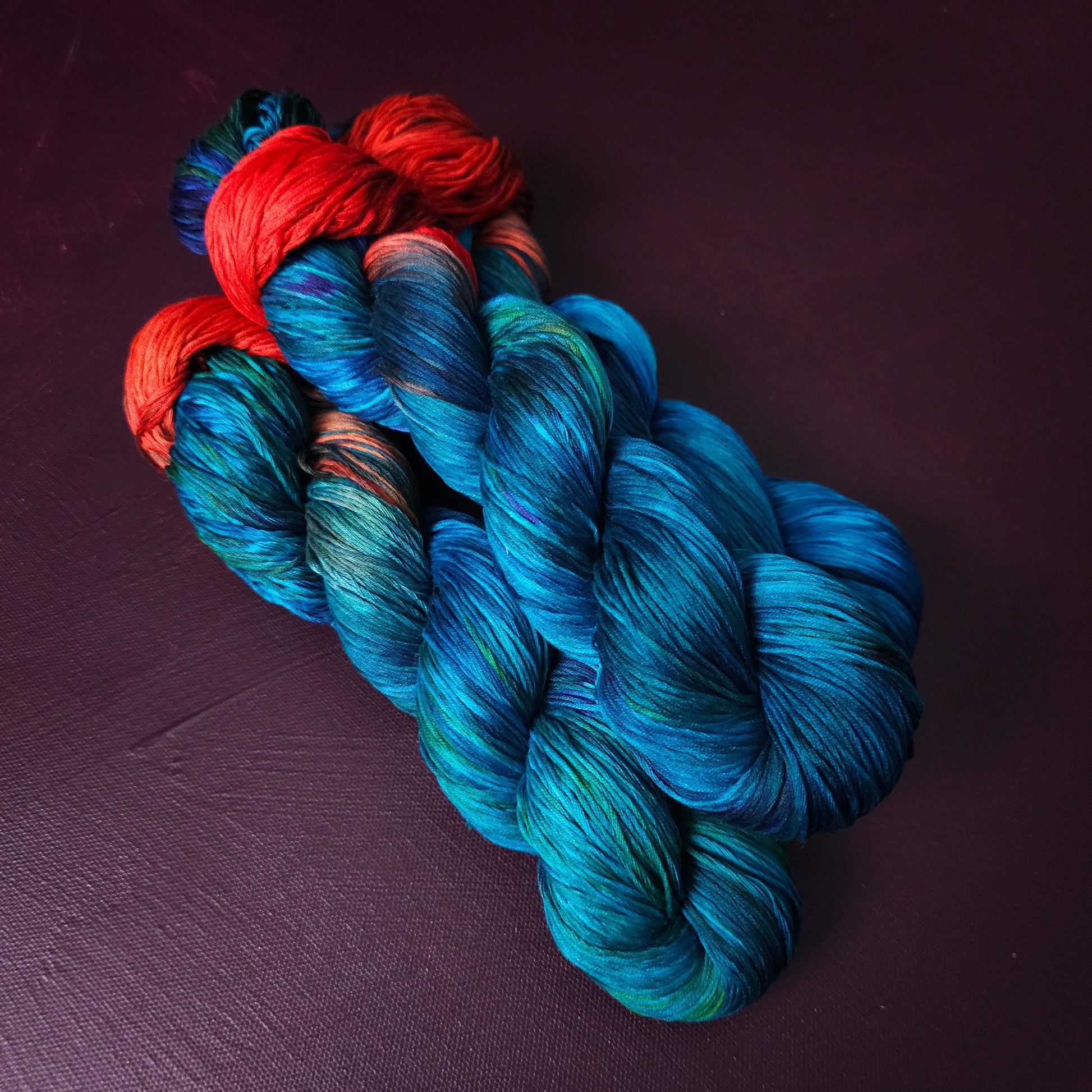Blue Green Magpie, Hand dyed vegan yarn, assigned pooling, fingering / DK weight knitting yarn, tencel / bamboo / cotton crochet thread