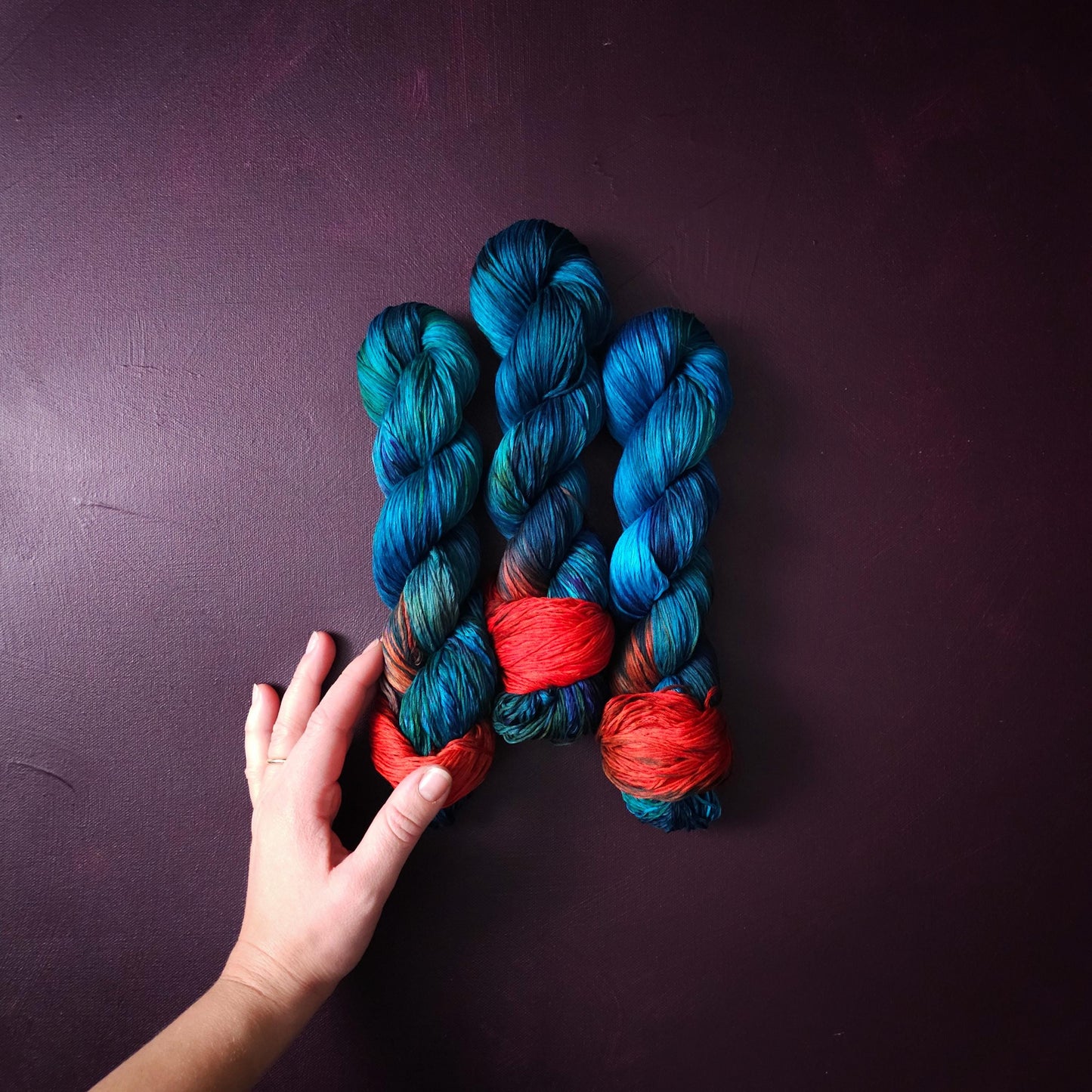 Blue Green Magpie, Hand dyed vegan yarn, assigned pooling, fingering / DK weight knitting yarn, tencel / bamboo / cotton crochet thread