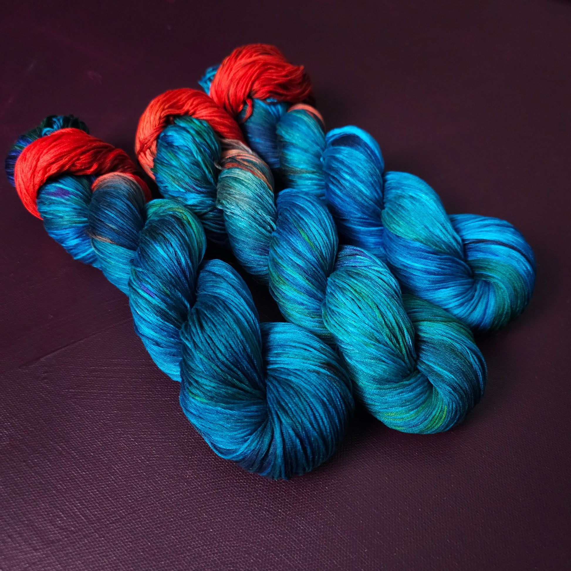 Blue Green Magpie, Hand dyed vegan yarn, assigned pooling, fingering / DK weight knitting yarn, tencel / bamboo / cotton crochet thread