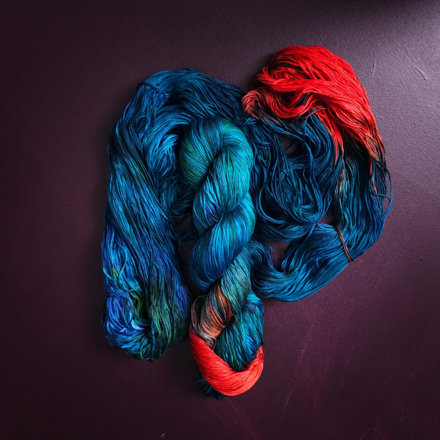 Blue Green Magpie, Hand dyed vegan yarn, assigned pooling, fingering / DK weight knitting yarn, tencel / bamboo / cotton crochet thread