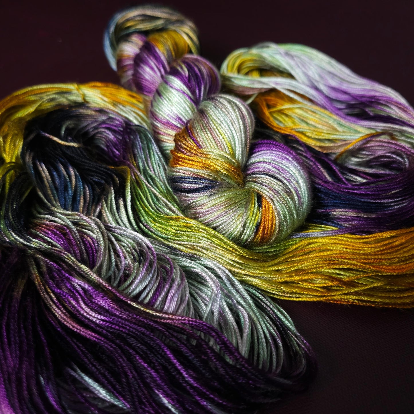 Hand dyed vegan yarn, Lost Theory, fingering / DK weight tencel, bamboo, mercerized cotton thread, hand painted knitting or crochet thread