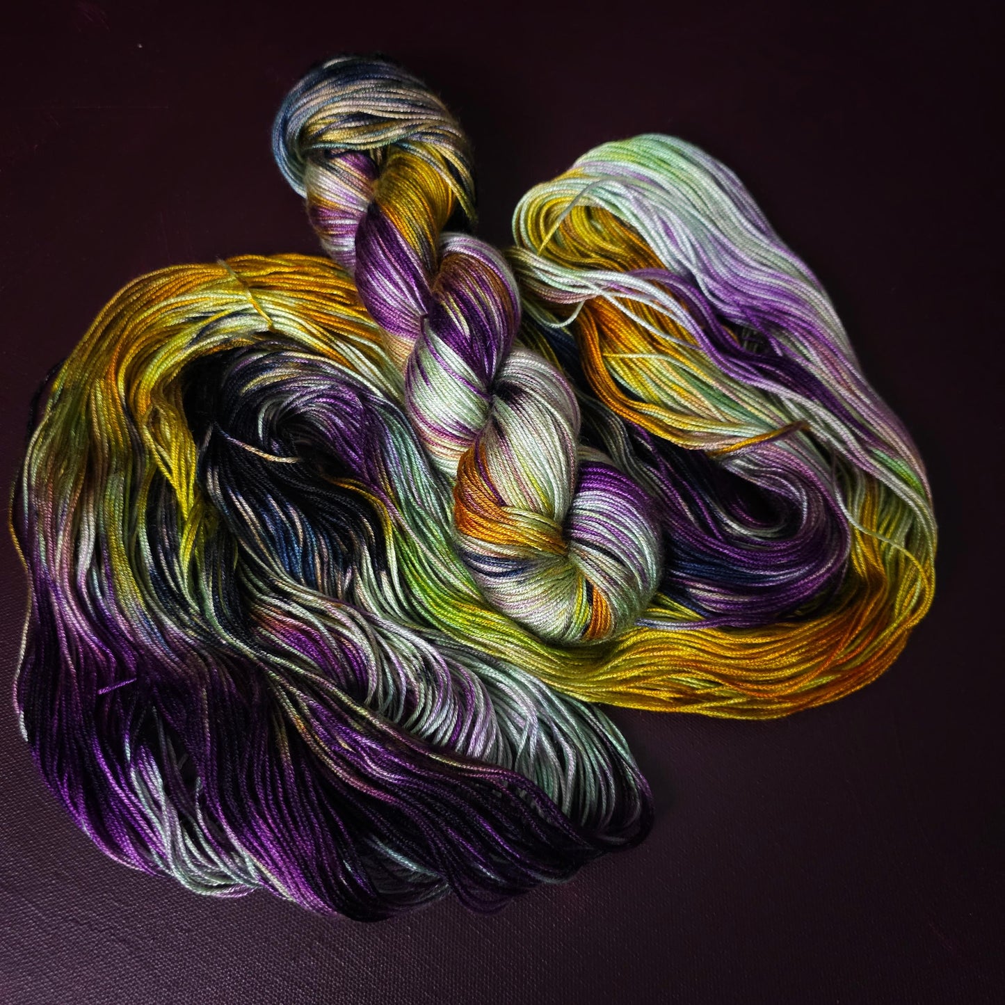 Hand dyed vegan yarn, Lost Theory, fingering / DK weight tencel, bamboo, mercerized cotton thread, hand painted knitting or crochet thread