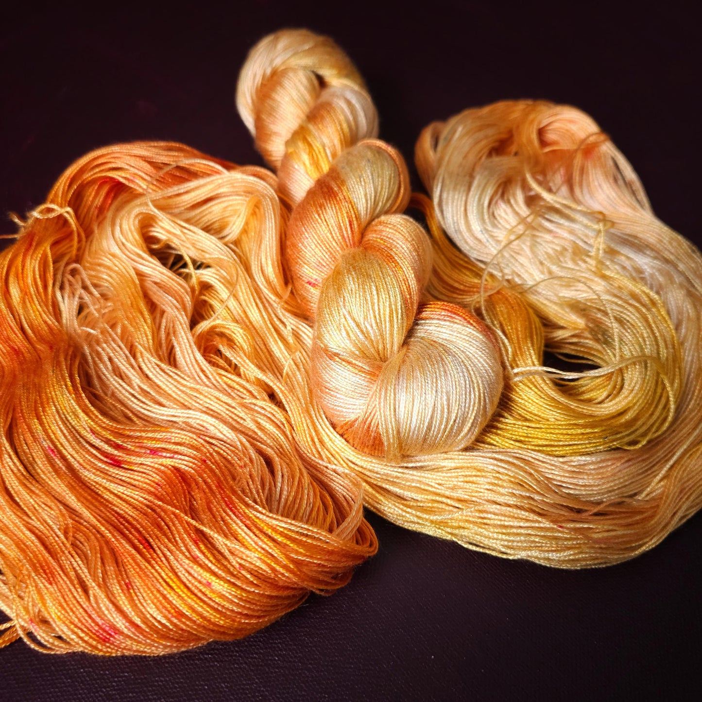 Hand dyed vegan yarn, Lemon Peach, fingering weight tencel thread, hand painted knitting or crochet yarn, shiny plant based weaving yarn,