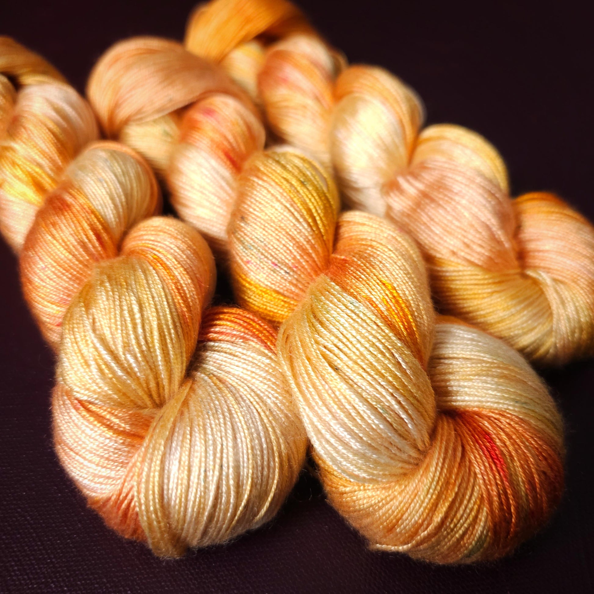Hand dyed vegan yarn, Lemon Peach, fingering weight tencel thread, hand painted knitting or crochet yarn, shiny plant based weaving yarn,