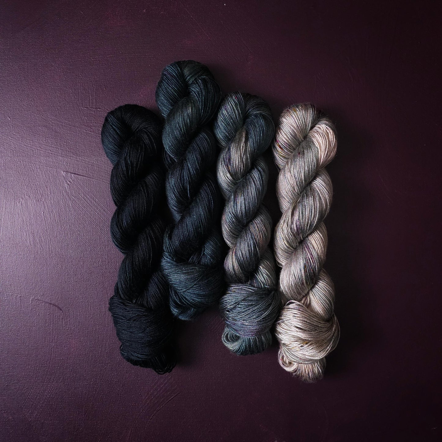 Hand dyed vegan yarn, Fade Set, Smokey Blues, shiny tencel yarn, soft knitting yarn, hand painted crichet thread, fingering weight
