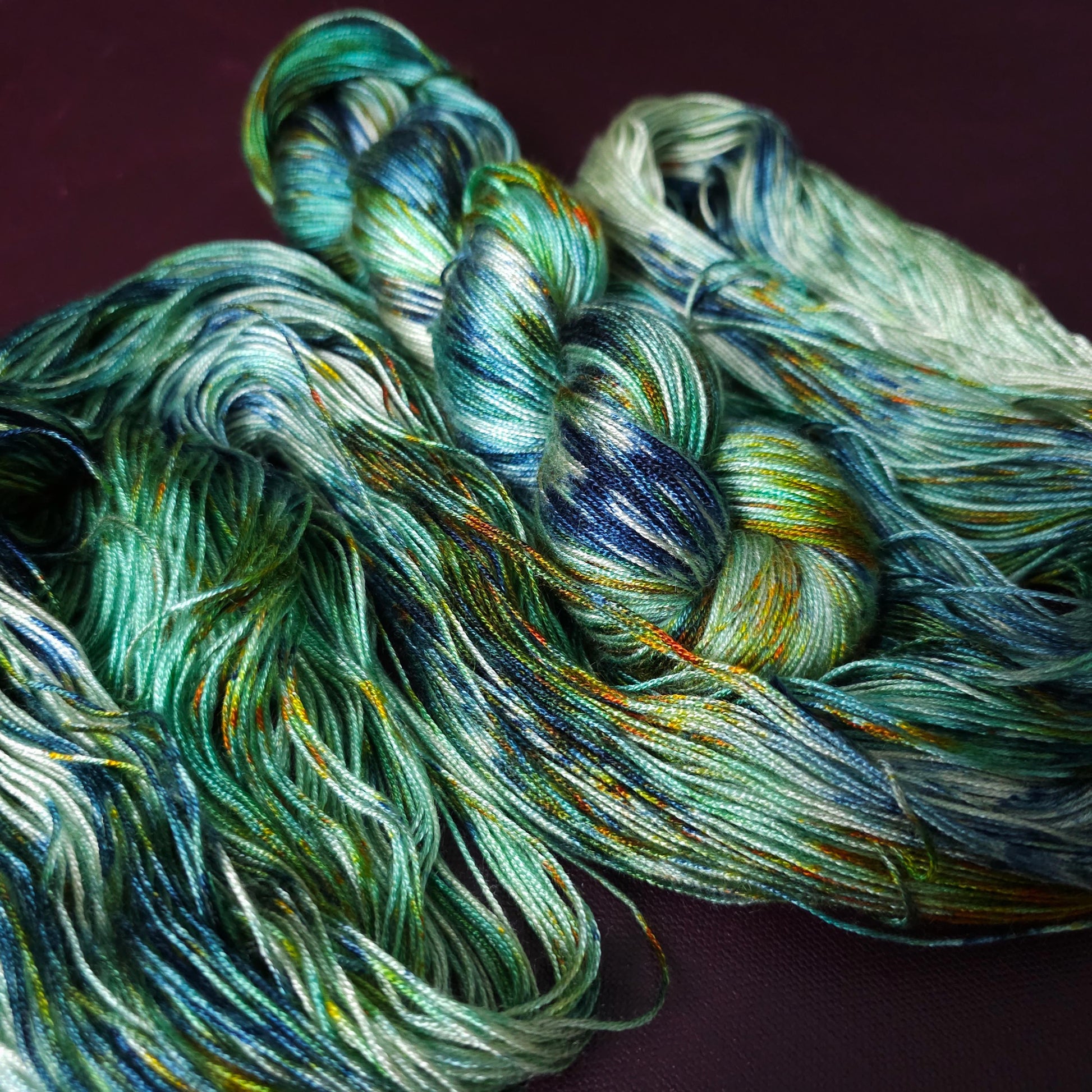 Quiet Pond, Hand dyed vegan yarn, gradient yarn, fingering / DK weight knitting yarn, tencel OR bamboo yarn, shiny crochet thread,