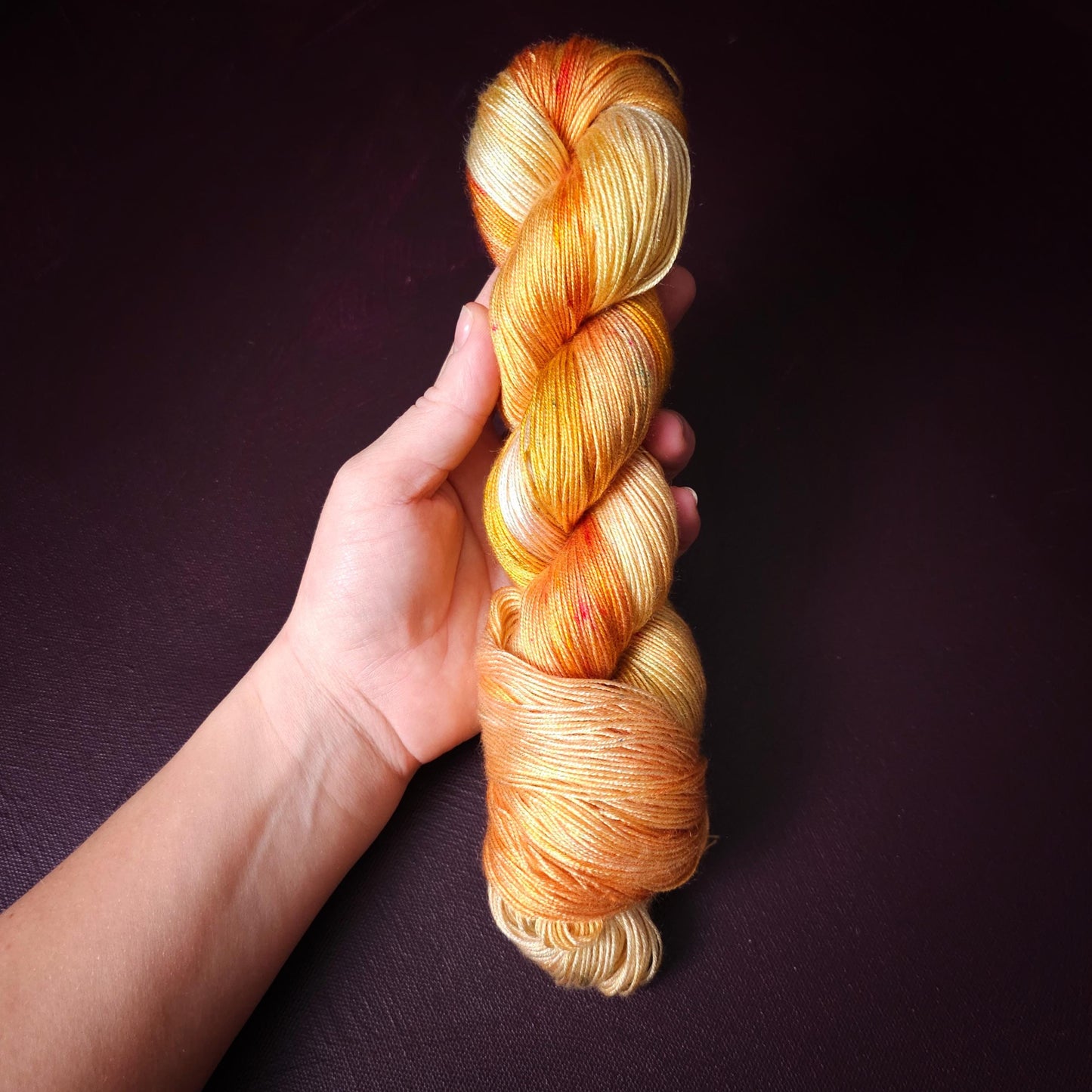 Hand dyed vegan yarn, Lemon Peach, fingering weight tencel thread, hand painted knitting or crochet yarn, shiny plant based weaving yarn,