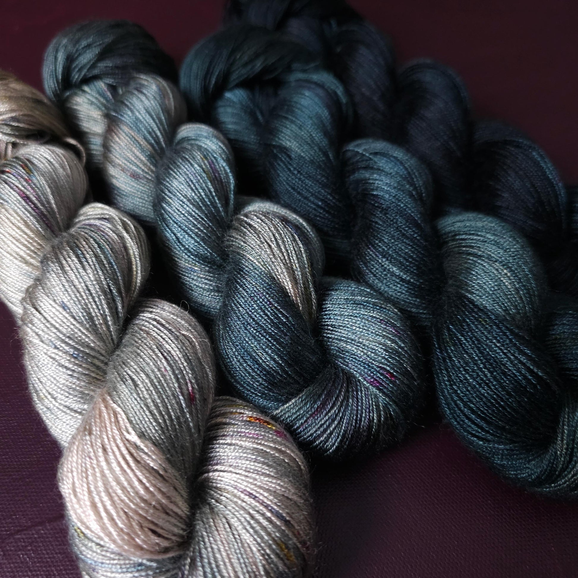 Hand dyed vegan yarn, Fade Set, Smokey Blues, shiny tencel yarn, soft knitting yarn, hand painted crichet thread, fingering weight