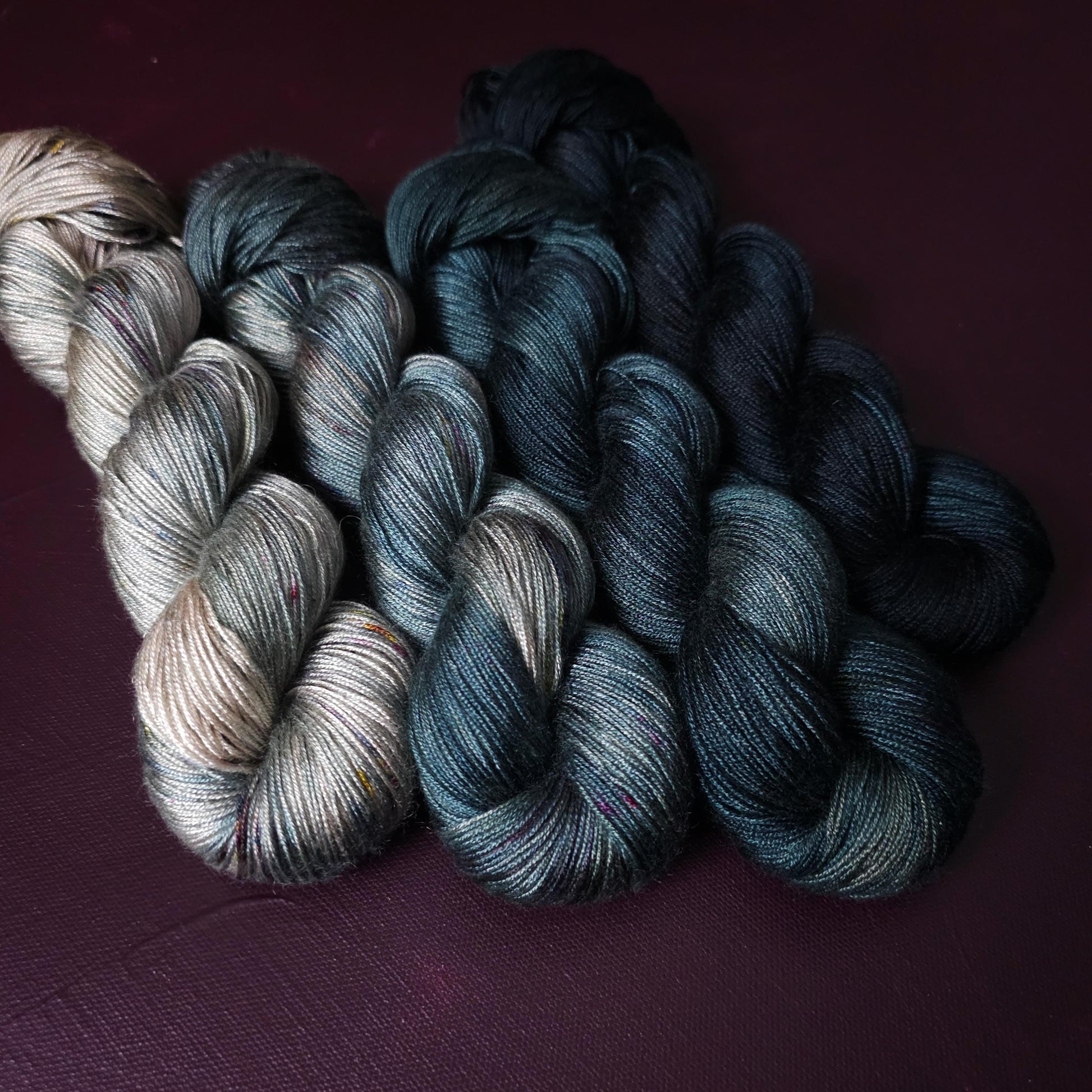 Hand dyed vegan yarn, Fade Set, Smokey Blues, shiny tencel yarn, soft knitting yarn, hand painted crichet thread, fingering weight