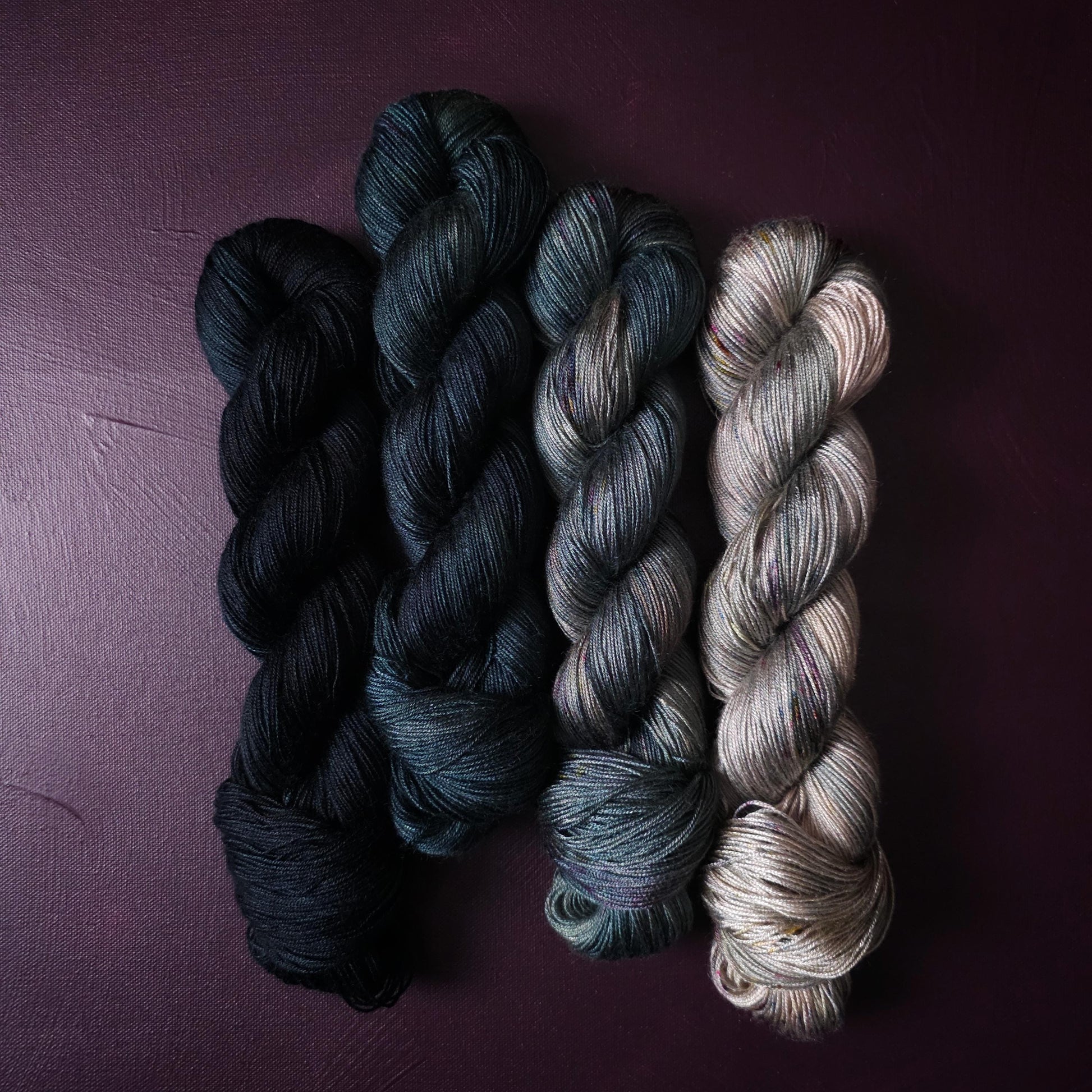 Hand dyed vegan yarn, Fade Set, Smokey Blues, shiny tencel yarn, soft knitting yarn, hand painted crichet thread, fingering weight