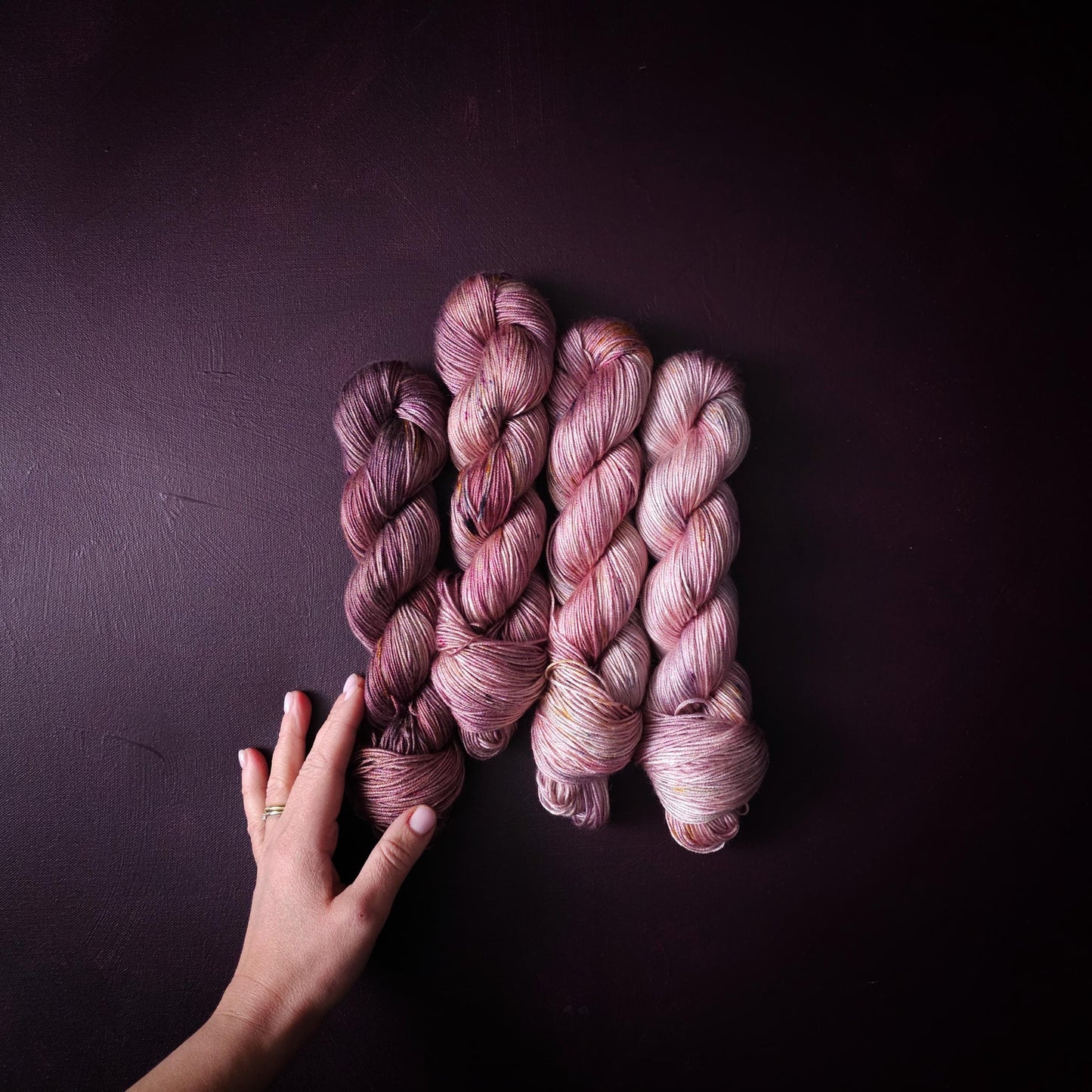 CherryRomance, Hand Dyed Vegan Yarn, Fade Set, Fingering Weight Tencel DK, Hand Painted Thread, One of a kind