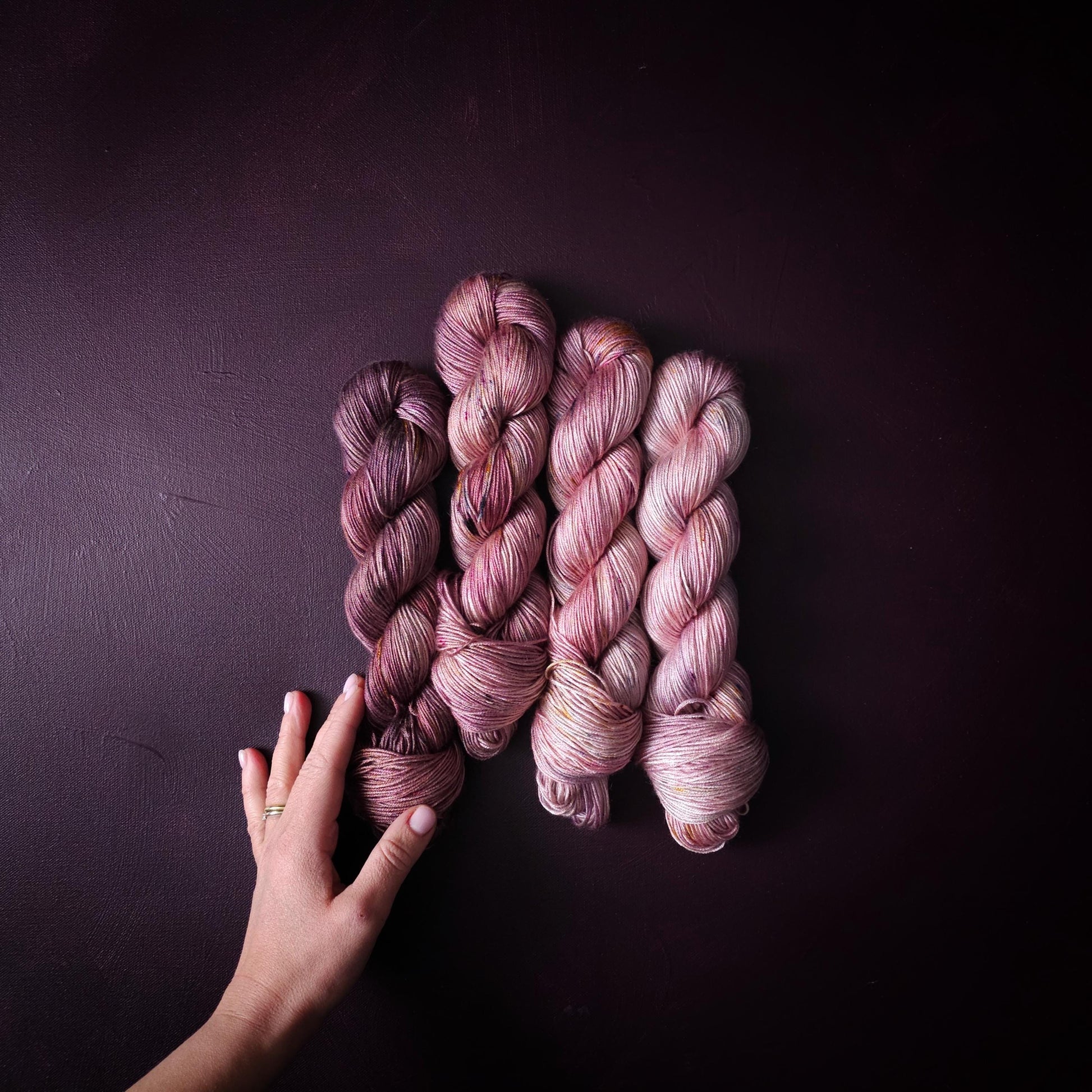 CherryRomance, Hand Dyed Vegan Yarn, Fade Set, Fingering Weight Tencel DK, Hand Painted Thread, One of a kind