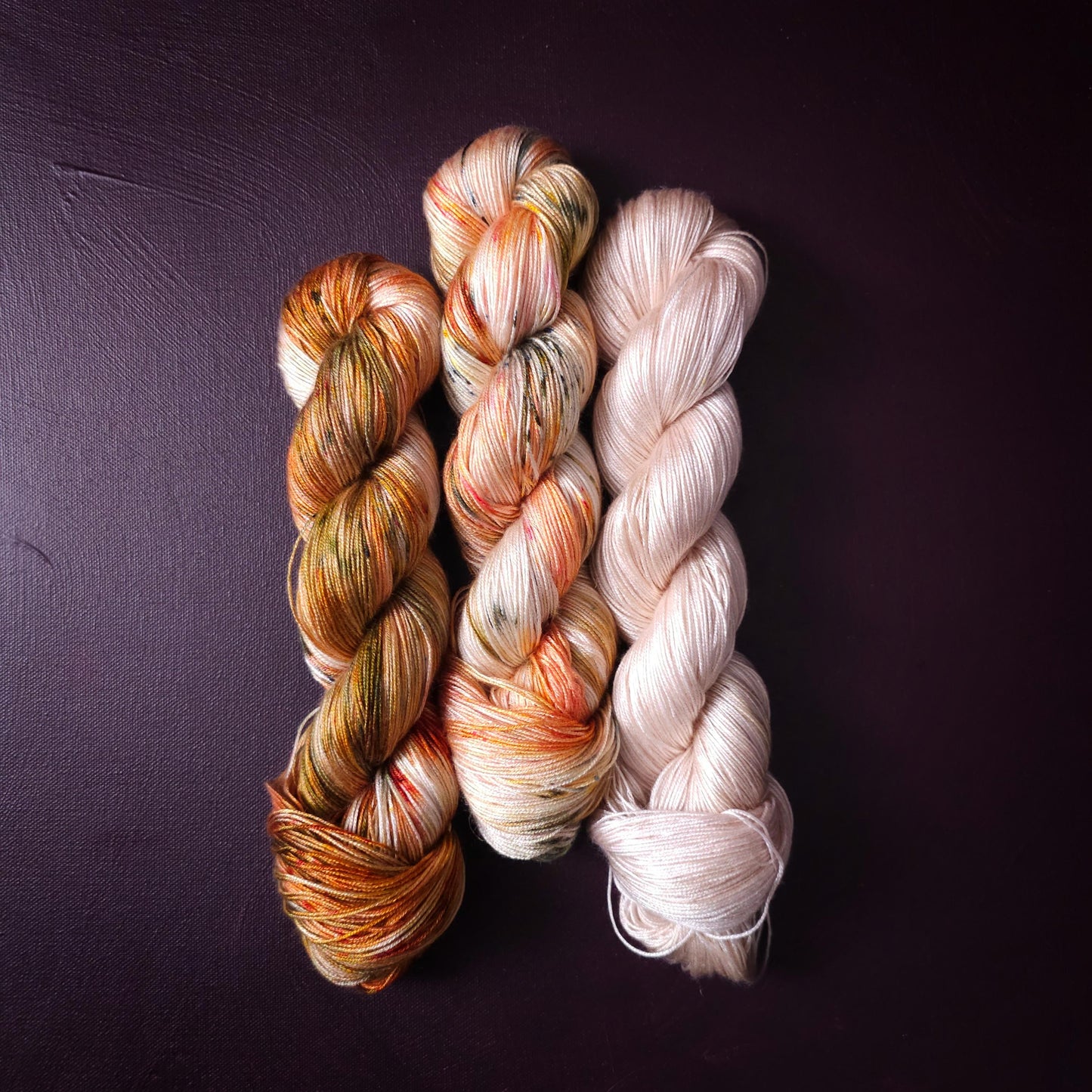 Winter Peach Fade Set, hand dyed vegan yarn, speckled knitting yarn, soft bamboo crochet thread, hand painted plant based fingering or DK