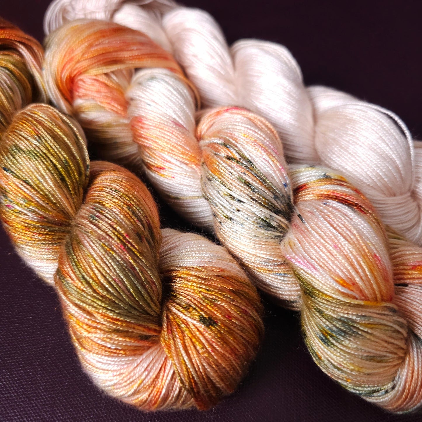Winter Peach Fade Set, hand dyed vegan yarn, speckled knitting yarn, soft bamboo crochet thread, hand painted plant based fingering or DK