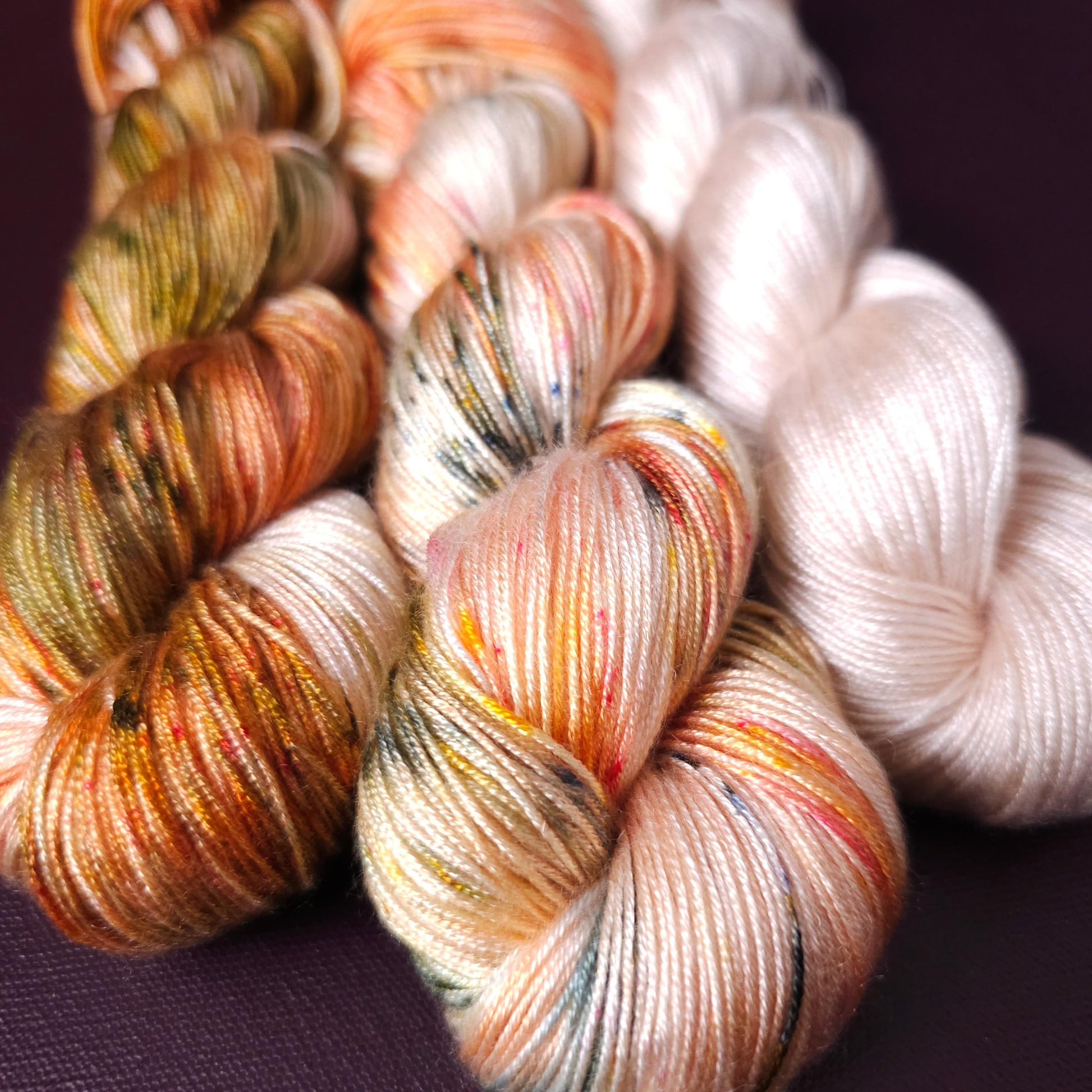 Winter Peach Fade Set, hand dyed vegan yarn, speckled knitting yarn, soft bamboo crochet thread, hand painted plant based fingering or DK
