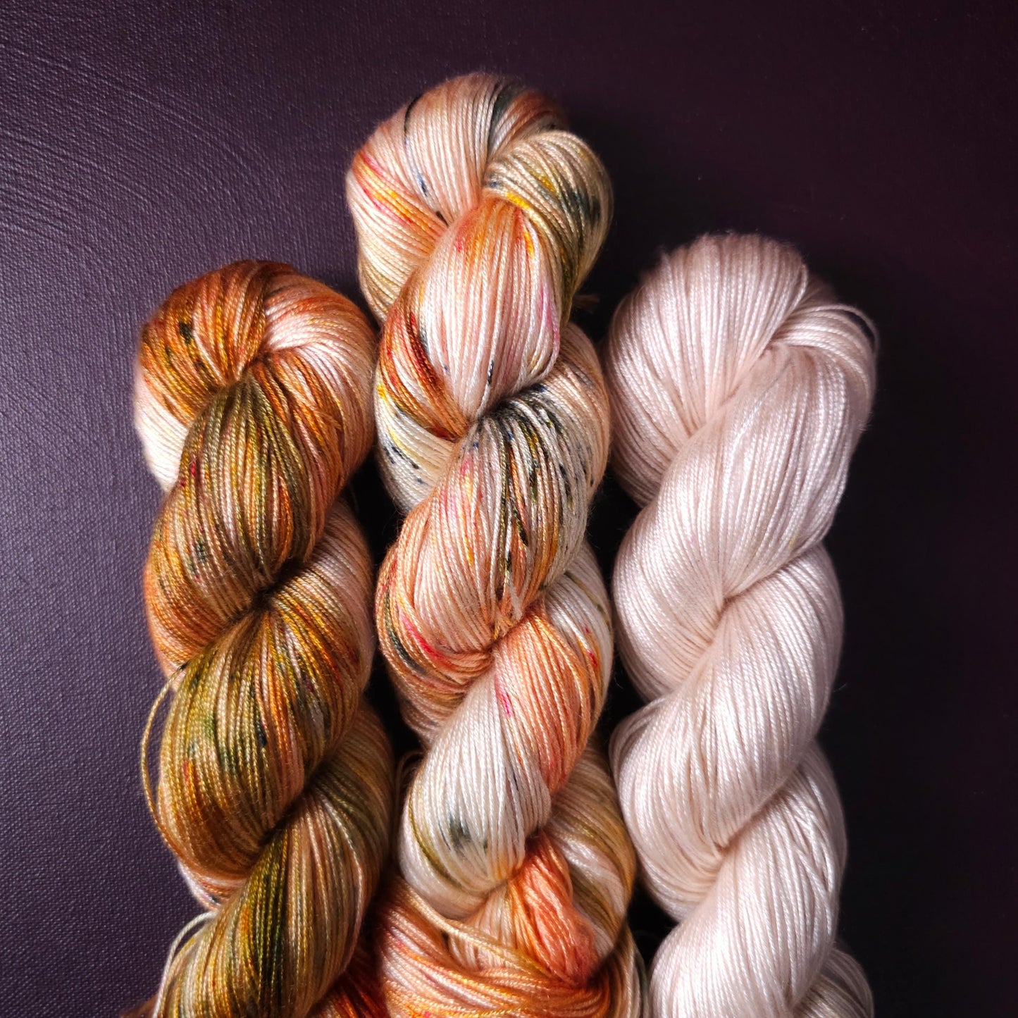 Winter Peach Fade Set, hand dyed vegan yarn, speckled knitting yarn, soft bamboo crochet thread, hand painted plant based fingering or DK