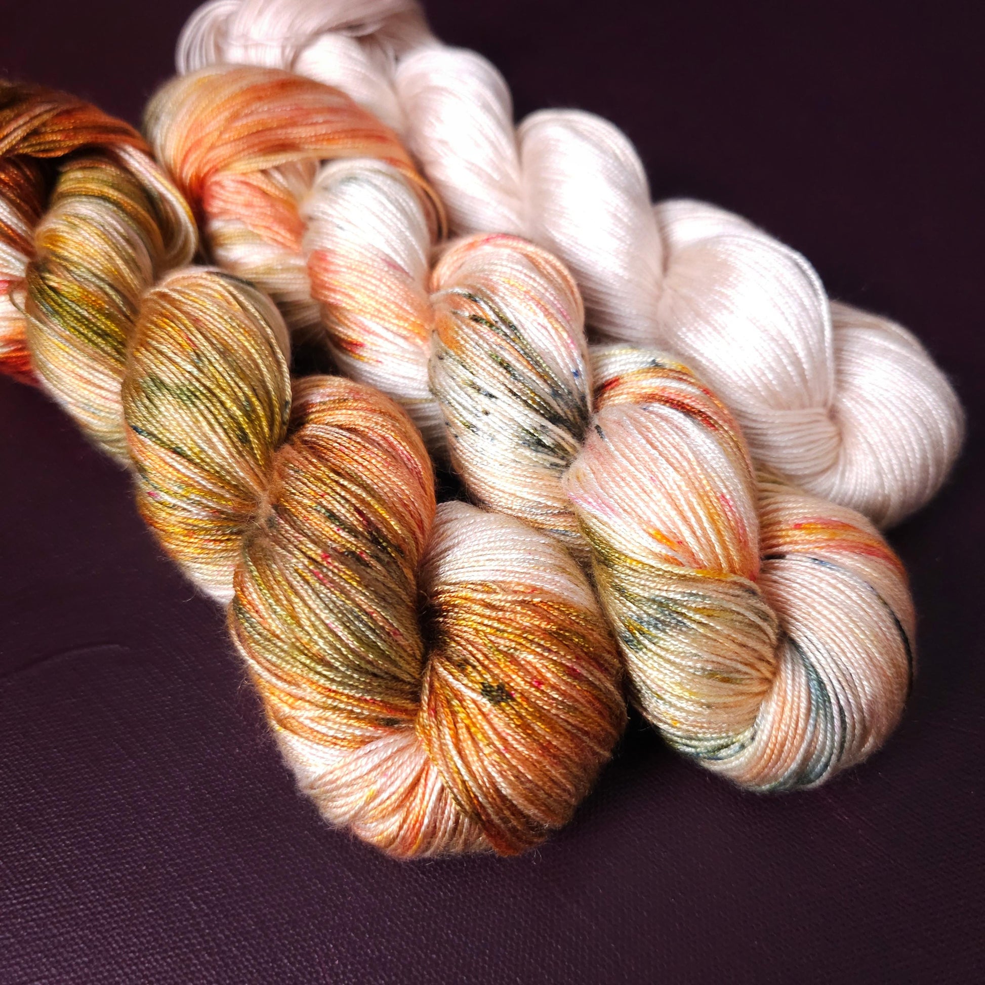 Winter Peach Fade Set, hand dyed vegan yarn, speckled knitting yarn, soft bamboo crochet thread, hand painted plant based fingering or DK