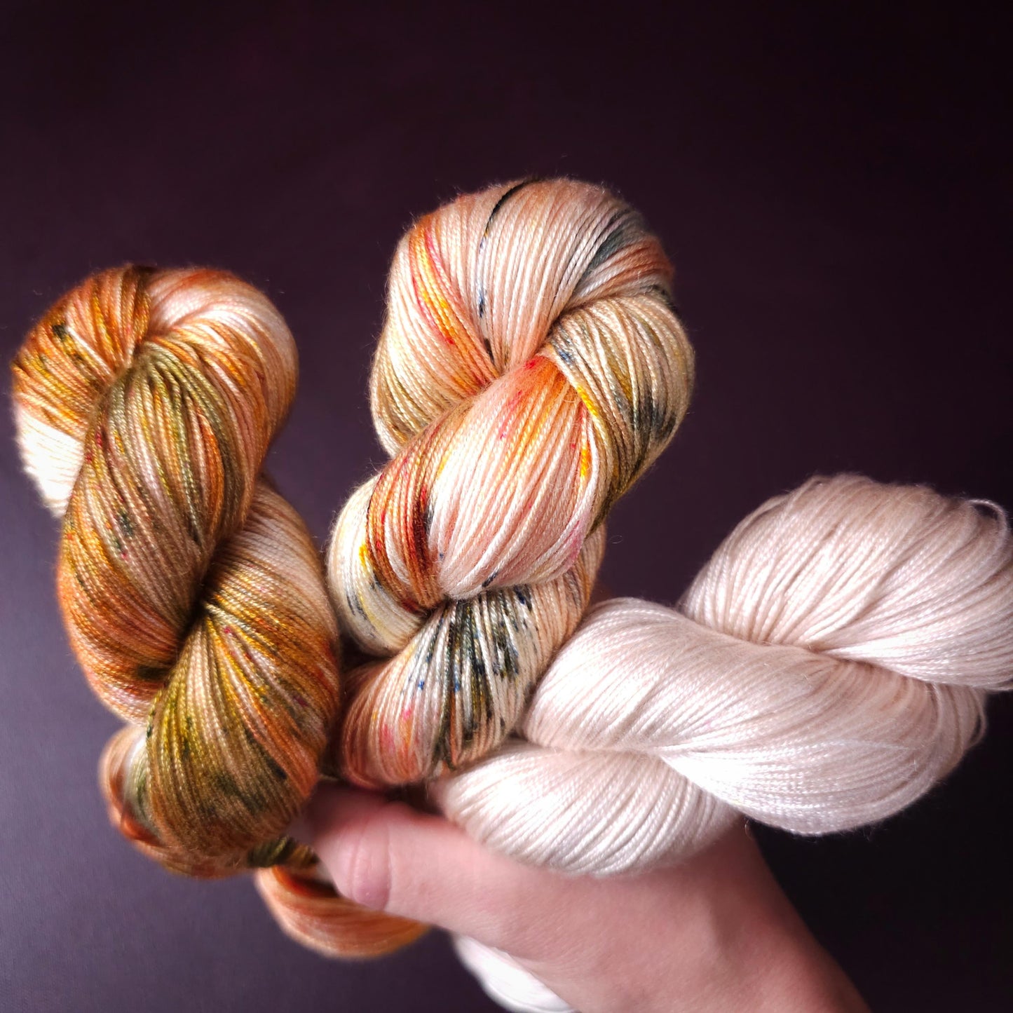 Winter Peach Fade Set, hand dyed vegan yarn, speckled knitting yarn, soft bamboo crochet thread, hand painted plant based fingering or DK