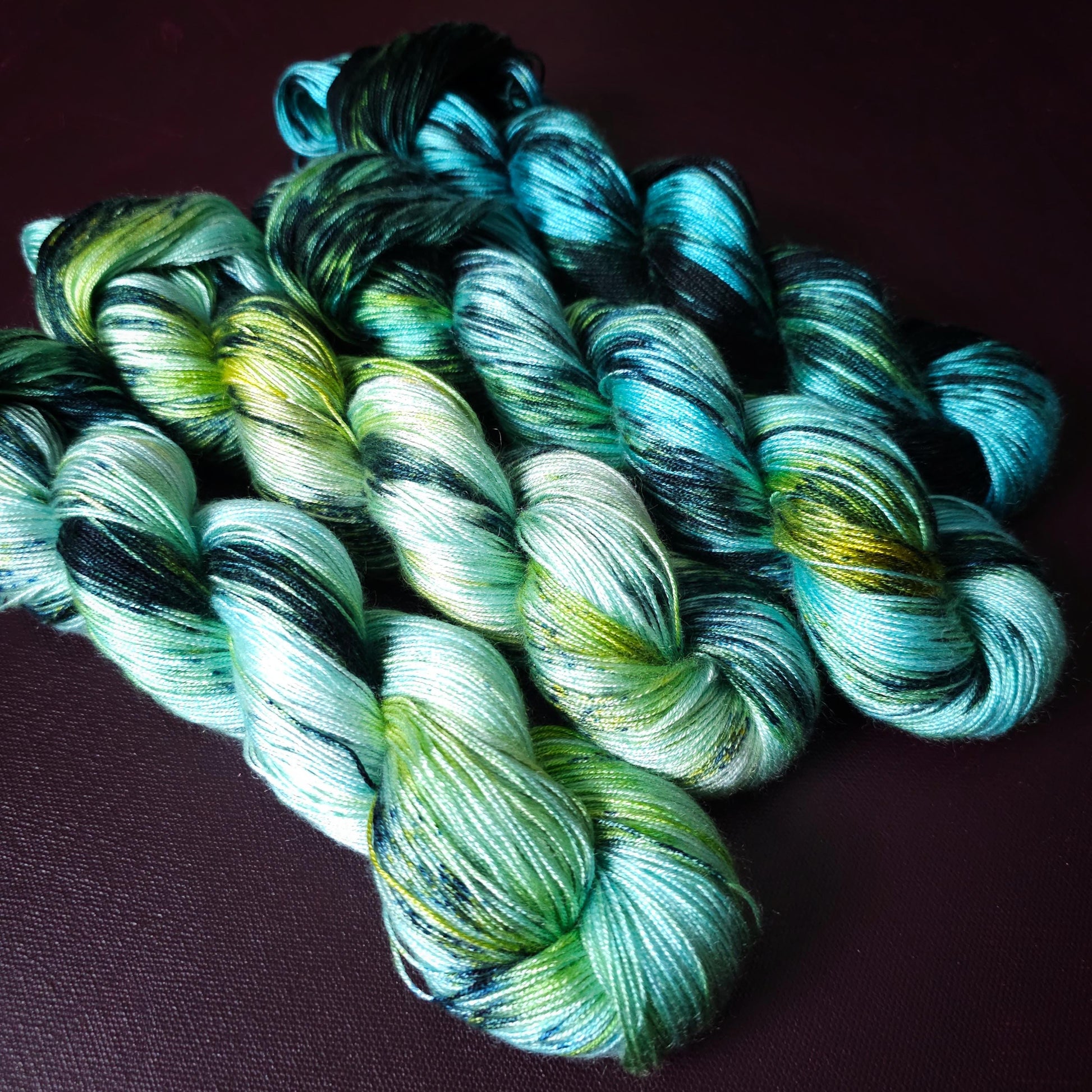 Hand dyed vegan yarn ~ Fade Set ~ Electric Mermaid ~ shiny tencel yarn, soft bamboo yarn, hand painted mercerized cotton, fingering DK weigt