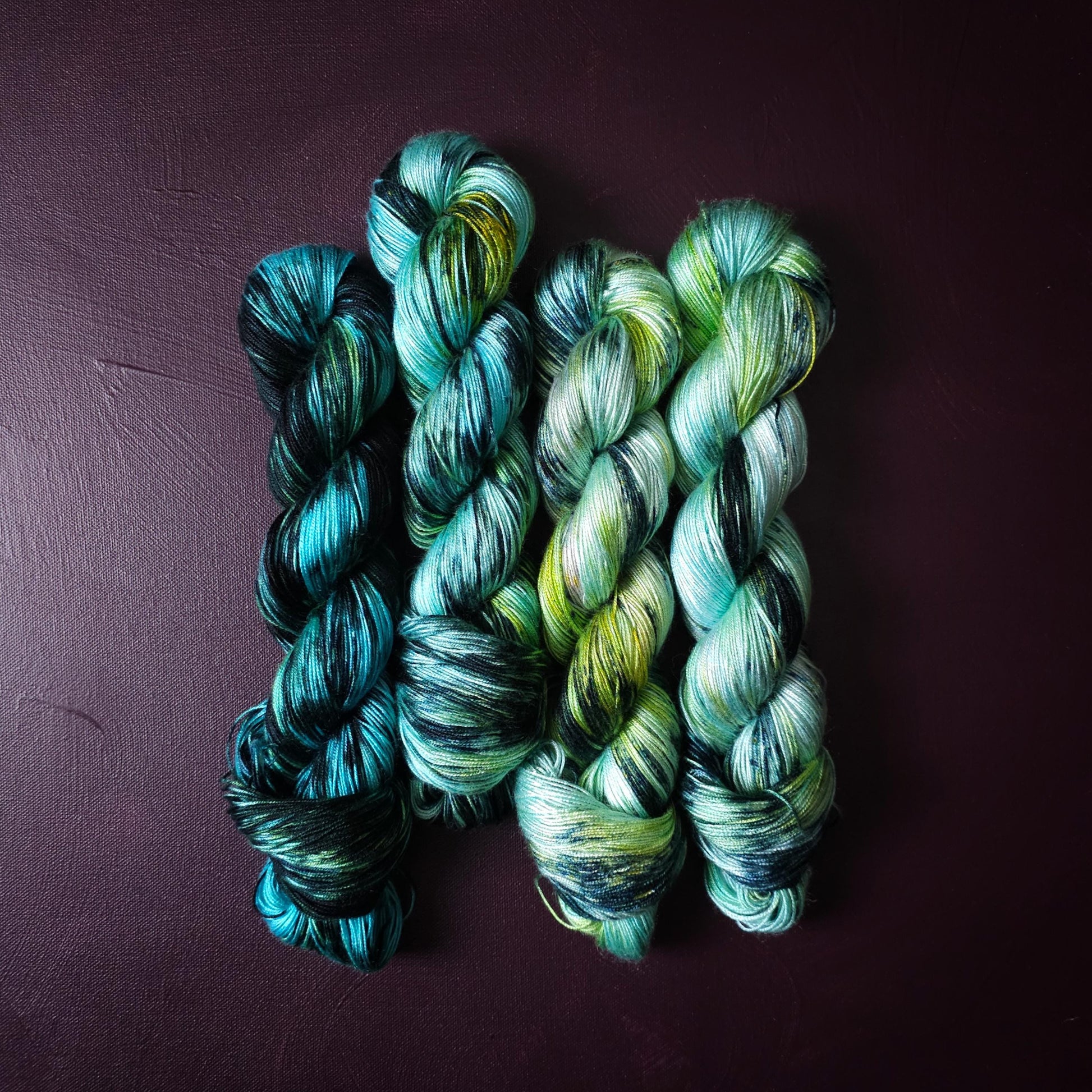 Hand dyed vegan yarn ~ Fade Set ~ Electric Mermaid ~ shiny tencel yarn, soft bamboo yarn, hand painted mercerized cotton, fingering DK weigt