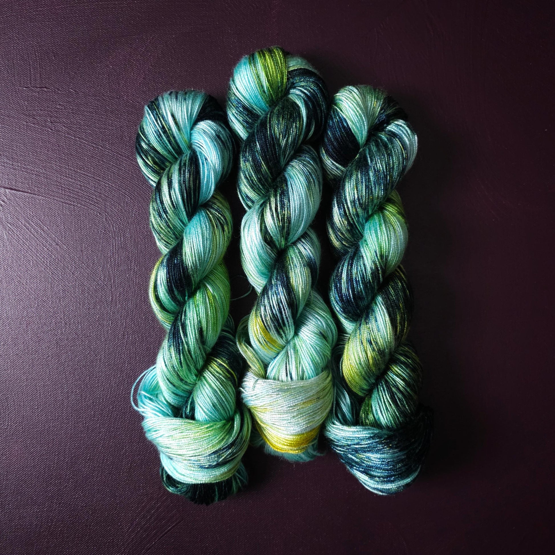 Hand dyed vegan yarn ~ Frosty ~ fingering or DK weight tencel or bamboo yarn, hand painted mercerized cotton thread, weaving yarn