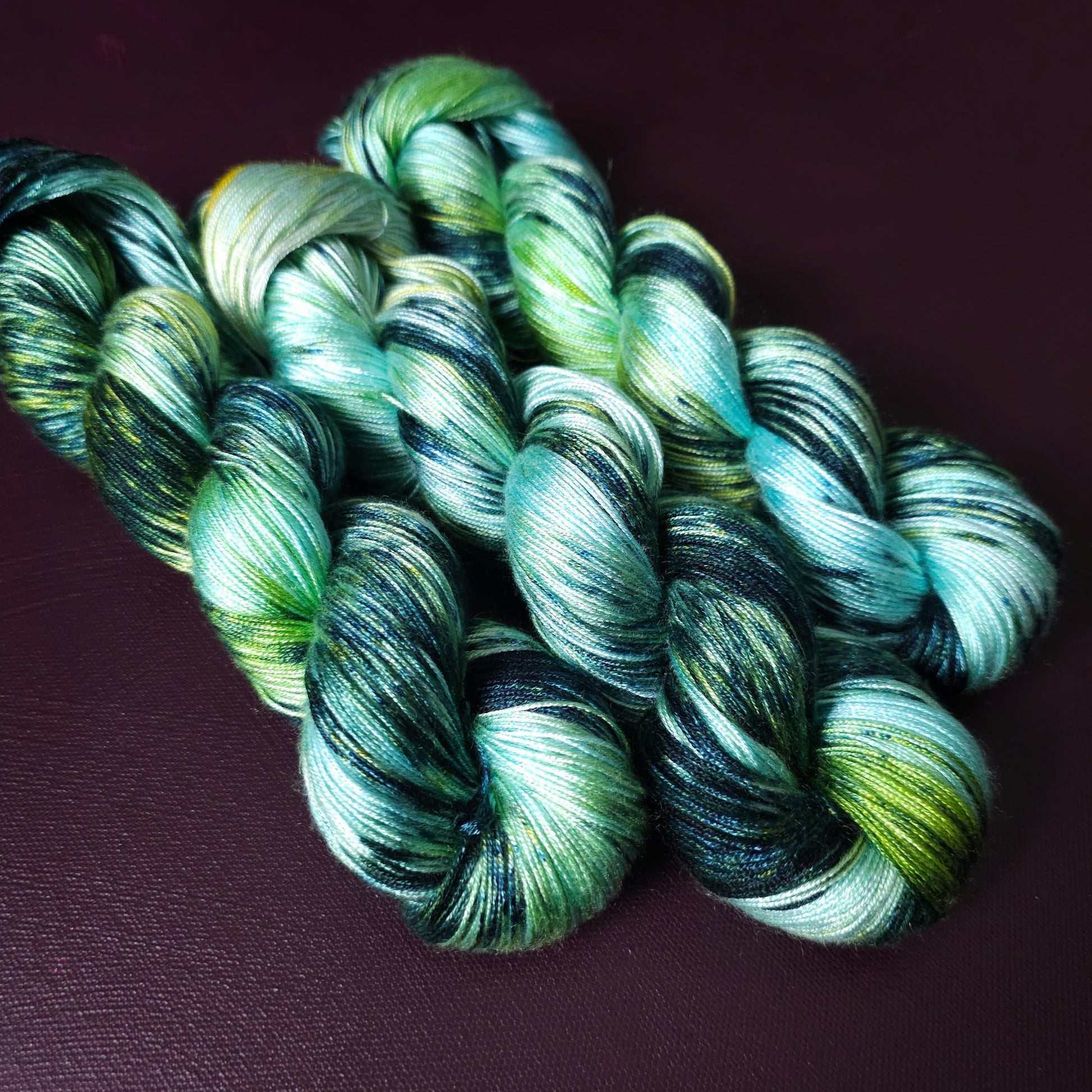 Hand dyed vegan yarn ~ Frosty ~ fingering or DK weight tencel or bamboo yarn, hand painted mercerized cotton thread, weaving yarn