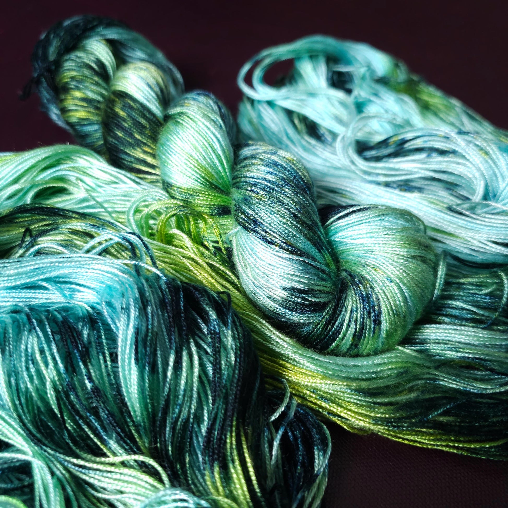 Hand dyed vegan yarn ~ Frosty ~ fingering or DK weight tencel or bamboo yarn, hand painted mercerized cotton thread, weaving yarn
