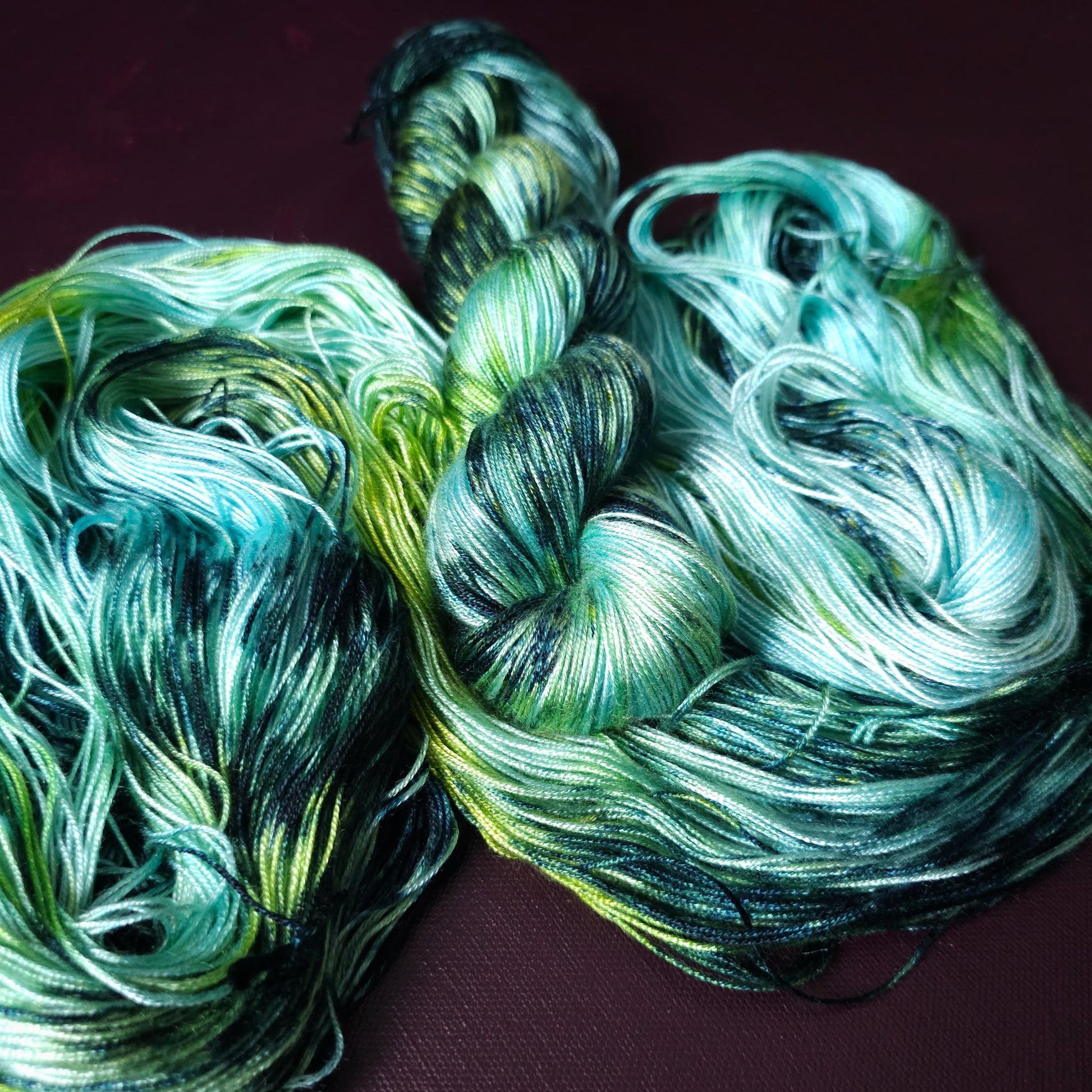 Hand dyed vegan yarn ~ Frosty ~ fingering or DK weight tencel or bamboo yarn, hand painted mercerized cotton thread, weaving yarn