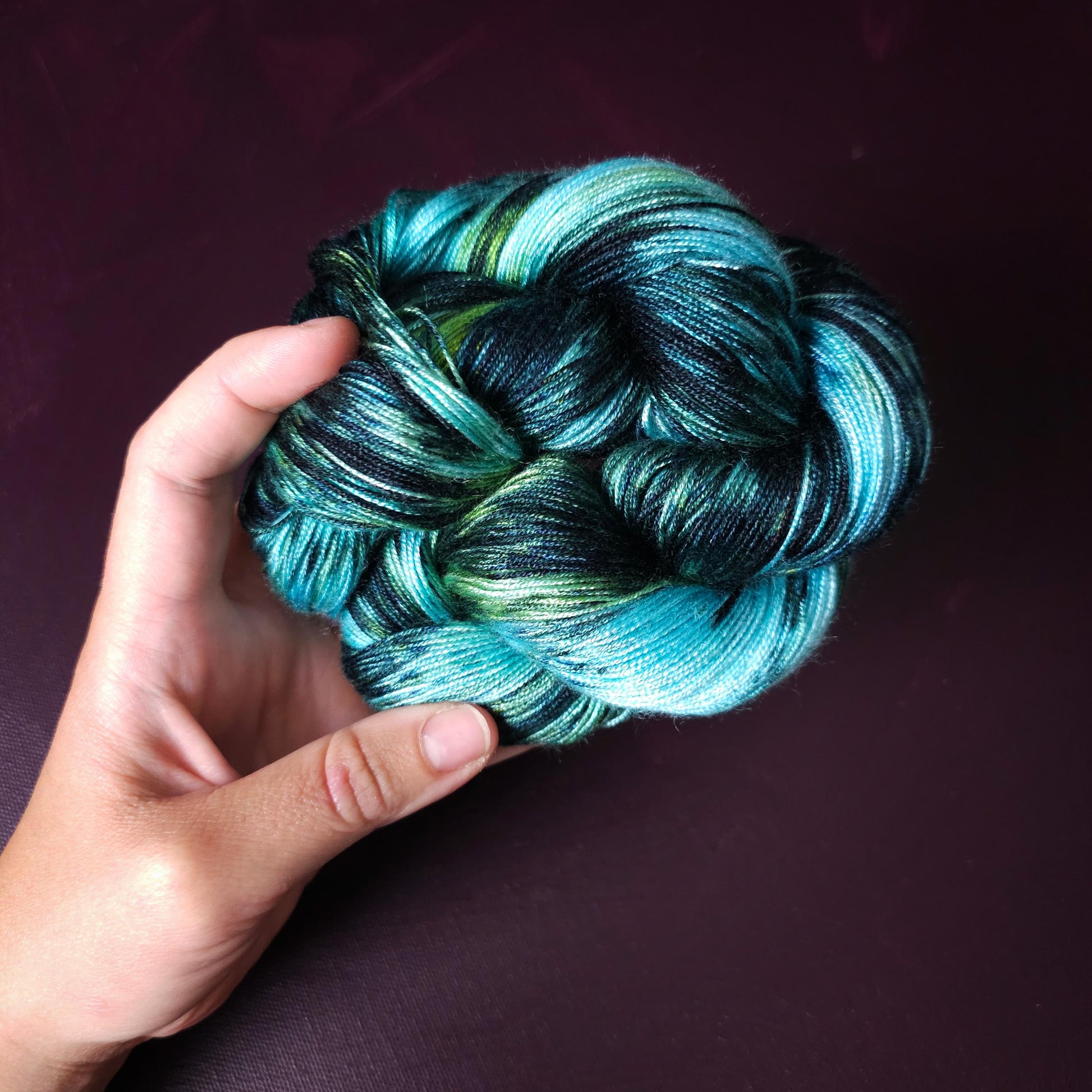 Hand dyed vegan yarn ~ Iceberg ~ fingering or DK weight tencel or bamboo yarn, hand painted mercerized cotton thread, weaving yarn