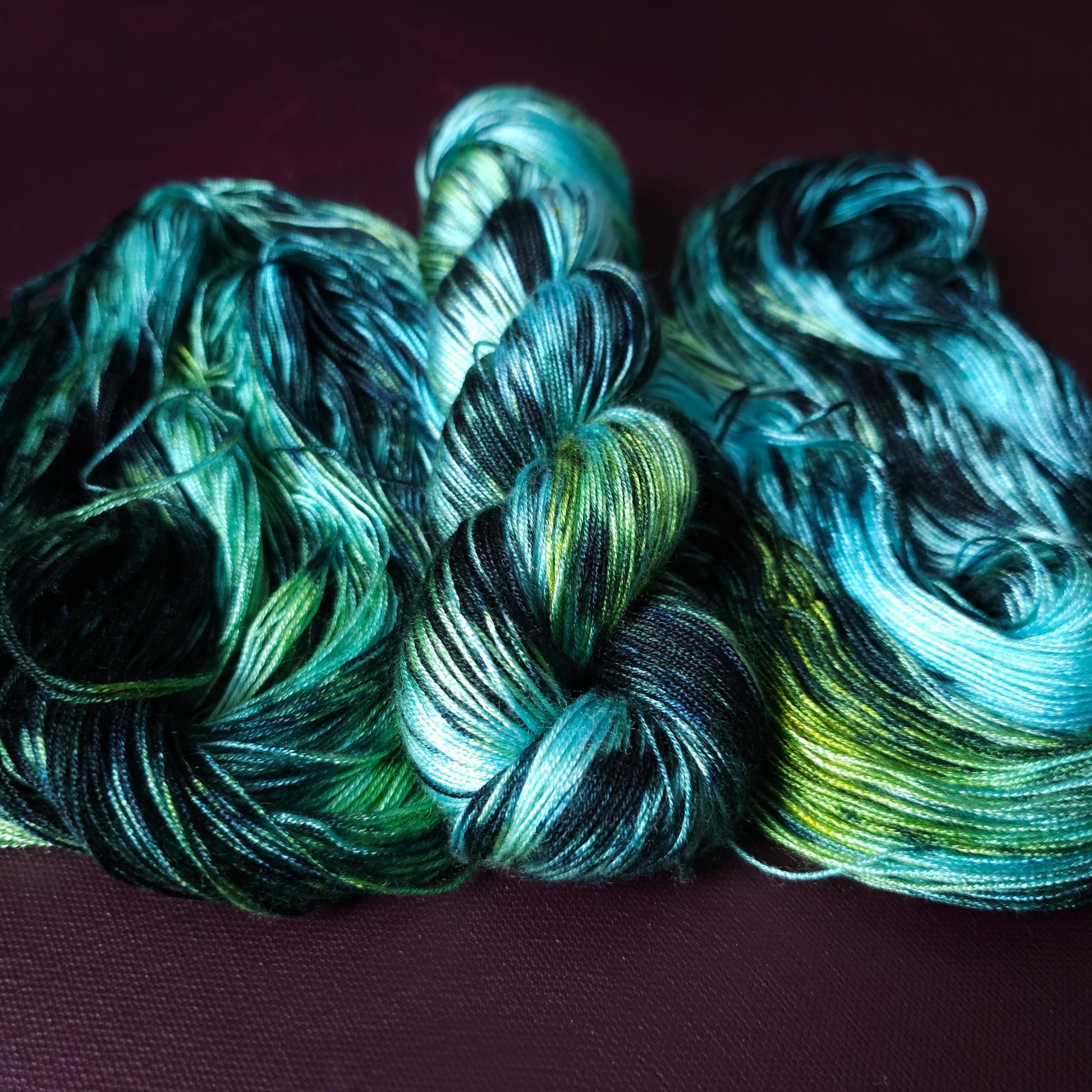 Hand dyed vegan yarn ~ Iceberg ~ fingering or DK weight tencel or bamboo yarn, hand painted mercerized cotton thread, weaving yarn