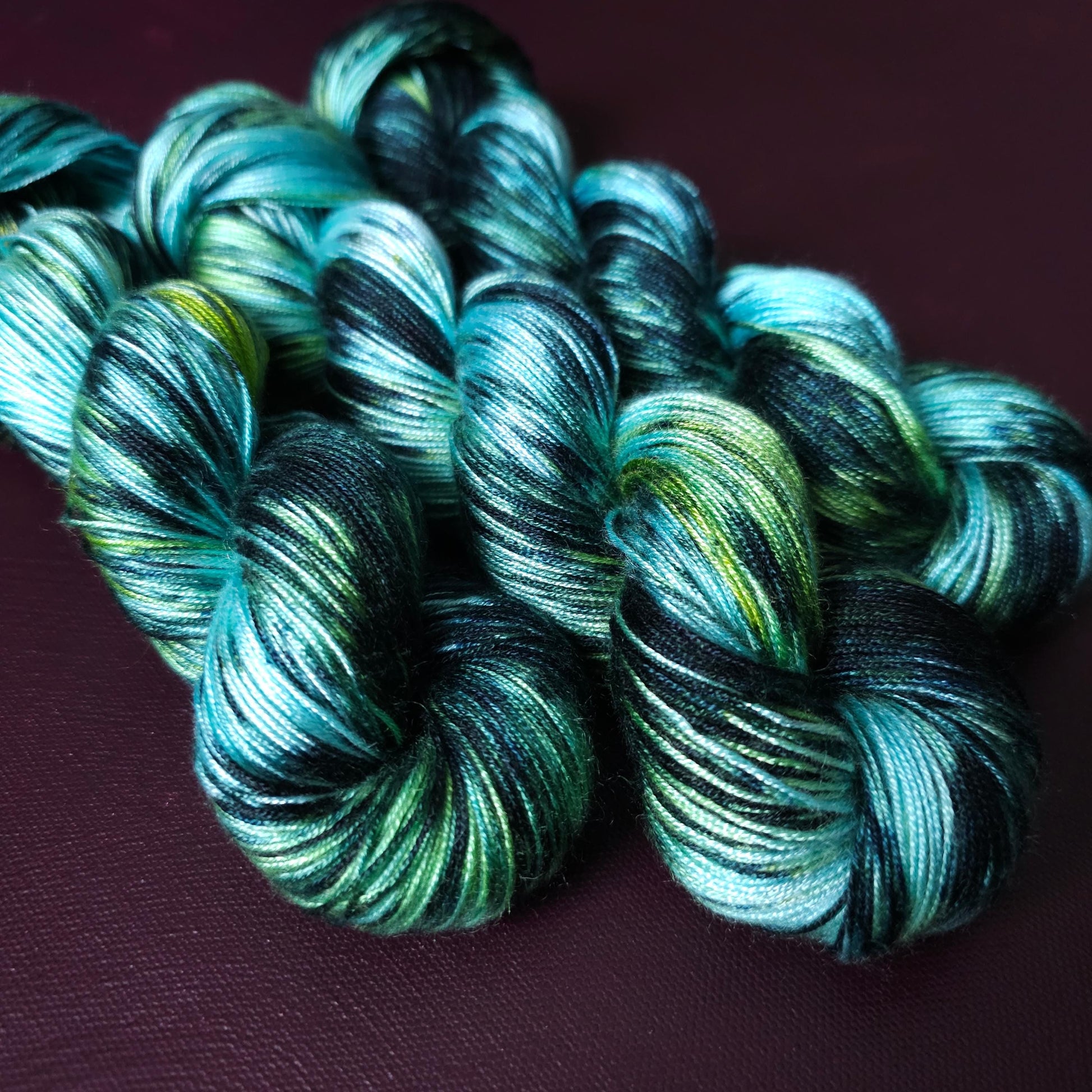 Hand dyed vegan yarn ~ Iceberg ~ fingering or DK weight tencel or bamboo yarn, hand painted mercerized cotton thread, weaving yarn