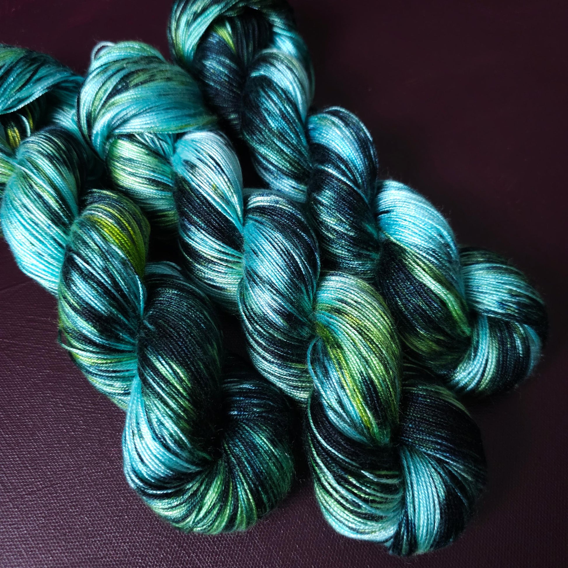 Hand dyed vegan yarn ~ Iceberg ~ fingering or DK weight tencel or bamboo yarn, hand painted mercerized cotton thread, weaving yarn