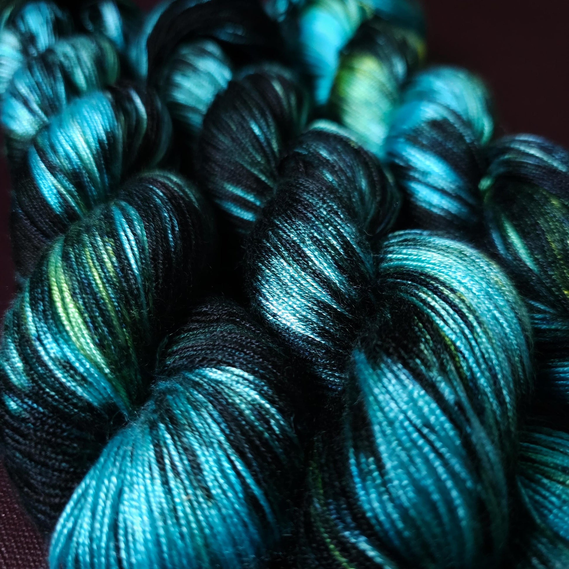 Hand dyed vegan yarn ~ Black Ice ~ fingering or DK weight tencel or bamboo yarn, hand painted mercerized cotton thread, weaving yarn
