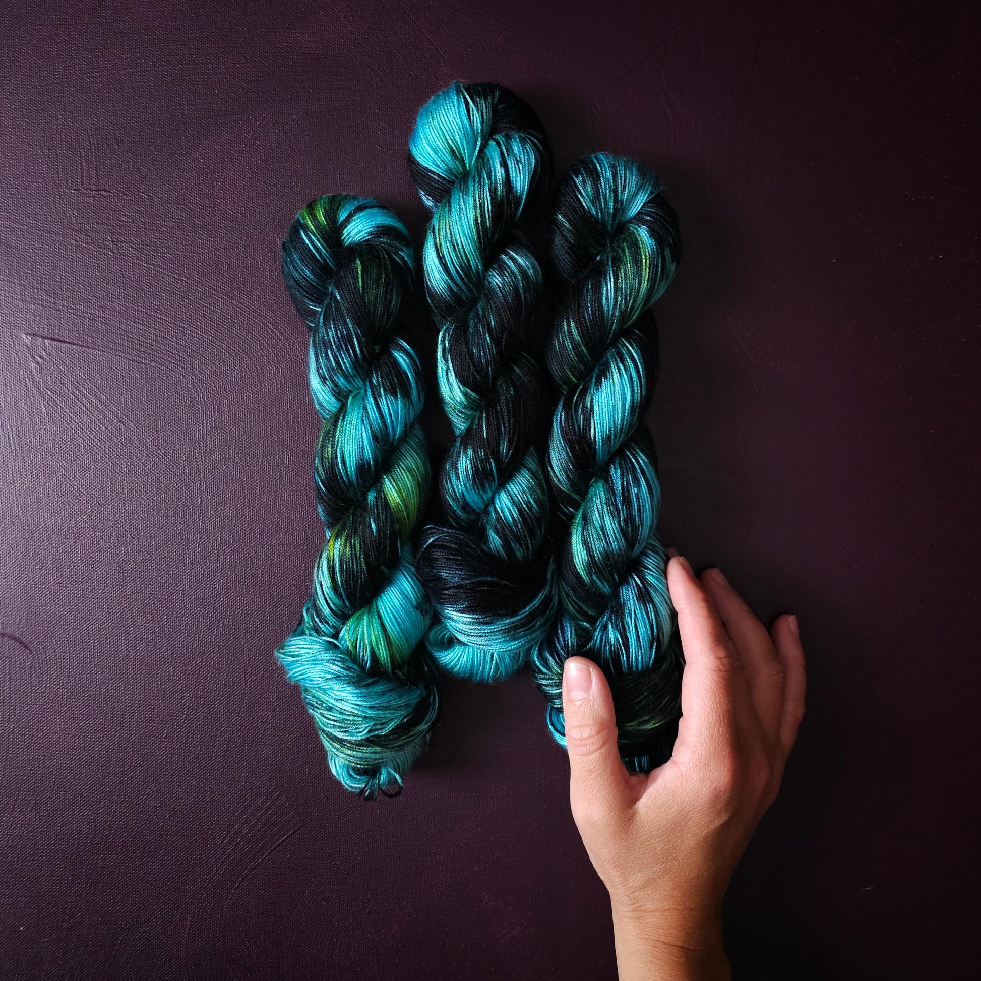 Hand dyed vegan yarn ~ Black Ice ~ fingering or DK weight tencel or bamboo yarn, hand painted mercerized cotton thread, weaving yarn
