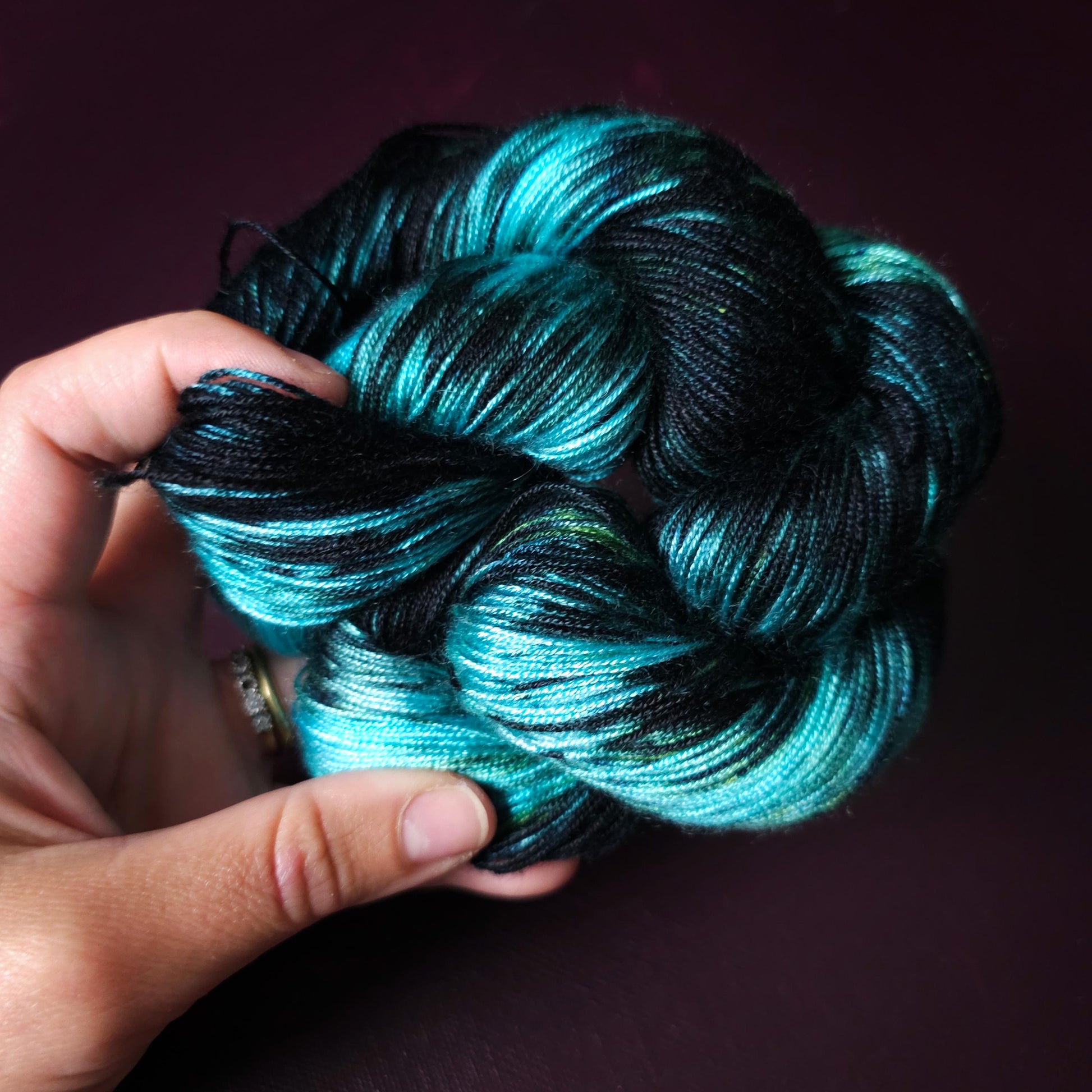 Hand dyed vegan yarn ~ Black Ice ~ fingering or DK weight tencel or bamboo yarn, hand painted mercerized cotton thread, weaving yarn