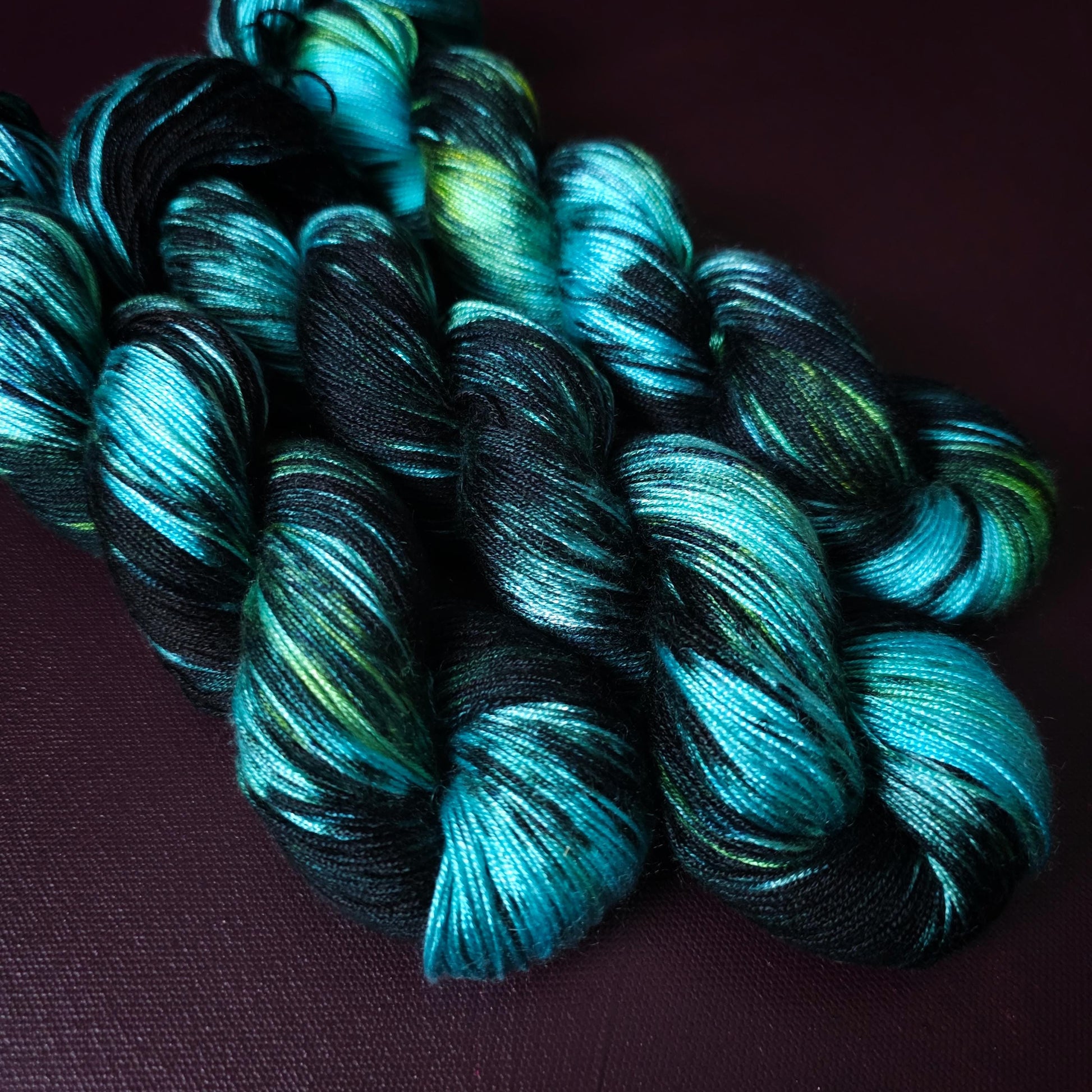 Hand dyed vegan yarn ~ Black Ice ~ fingering or DK weight tencel or bamboo yarn, hand painted mercerized cotton thread, weaving yarn