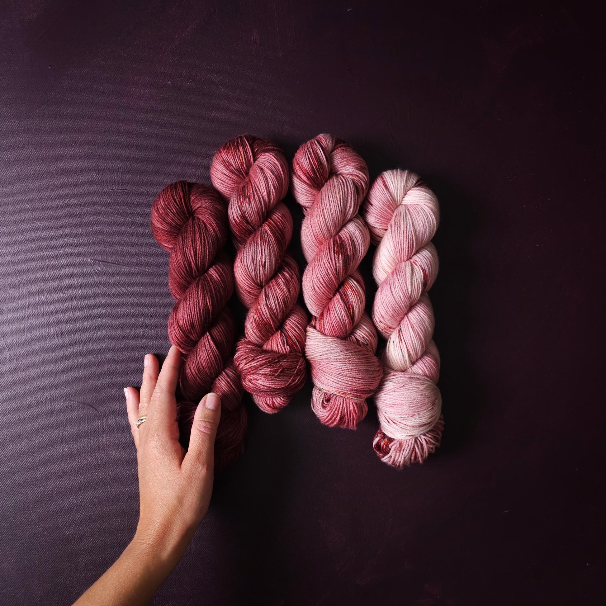 Hand dyed yarn Set ~ Rasberry Passion ~ soft merino sock yarn , single ply, DK, Aran, Mohair Silk thread, knitting and crochet yarn