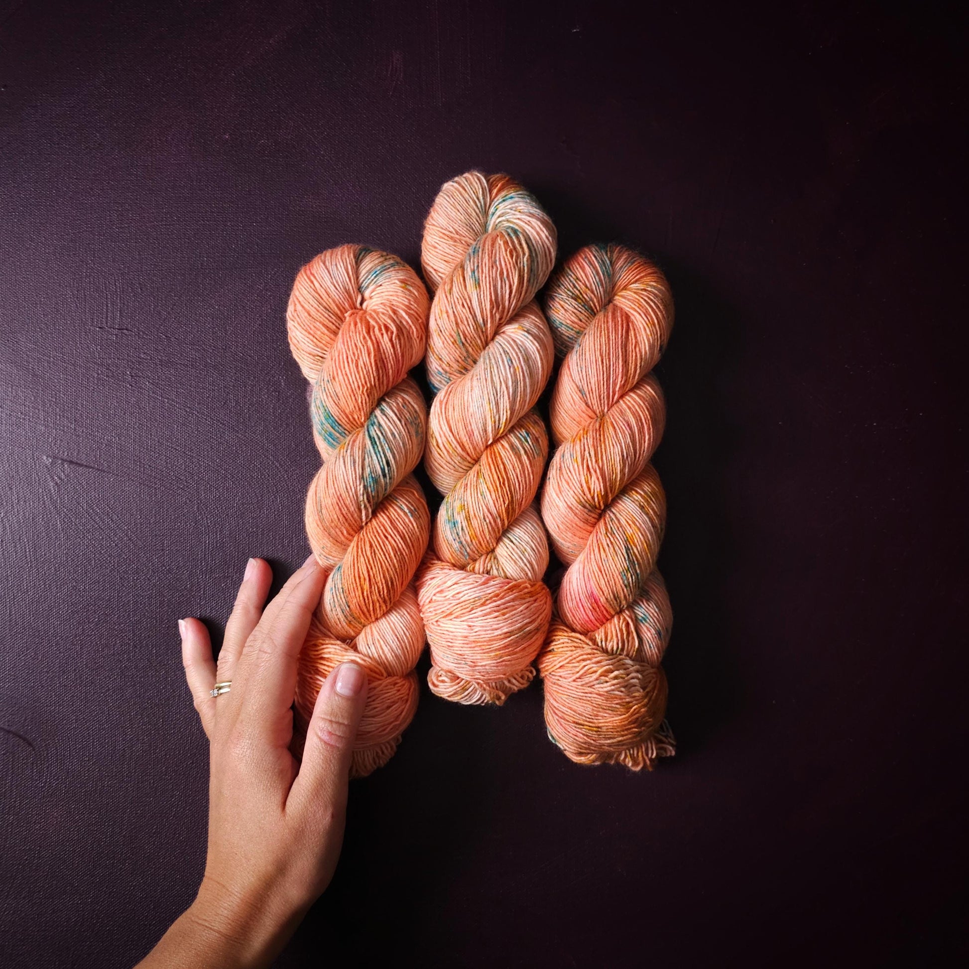 Soft Coral, hand dyed gradient wool yarn, gifts for knitters, gold lurex sock yarn, colorful knitting supplies, merino crochet yarn
