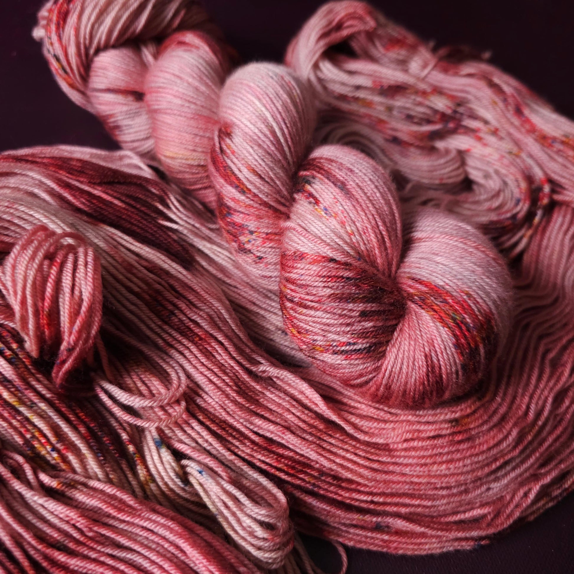 Rasberry Dripple, hand dyed merino singles yarn, gifts for knitters, gold lurex sock yarn, colorful knitting supplies, merino crochet yarn