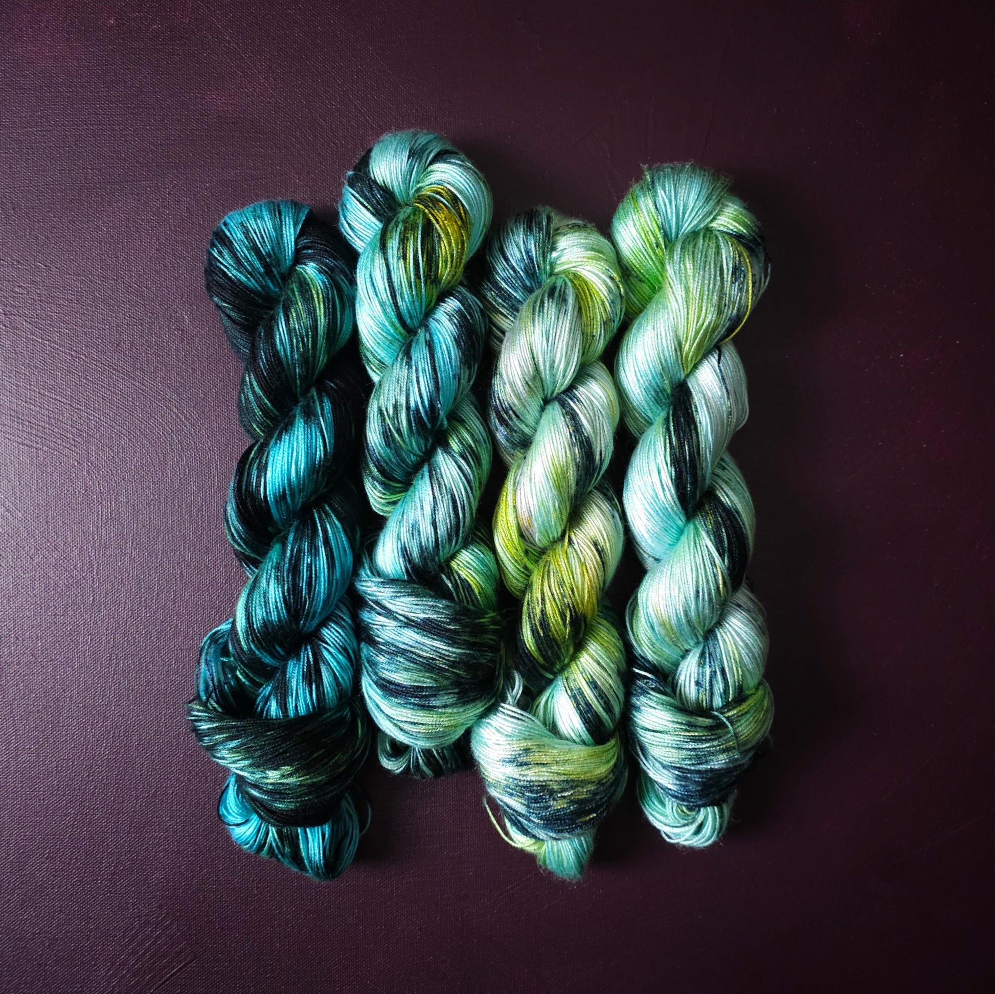 Hand dyed vegan yarn ~ Fade Set ~ Electric Mermaid ~ shiny tencel yarn, soft bamboo yarn, hand painted mercerized cotton, fingering DK weigt