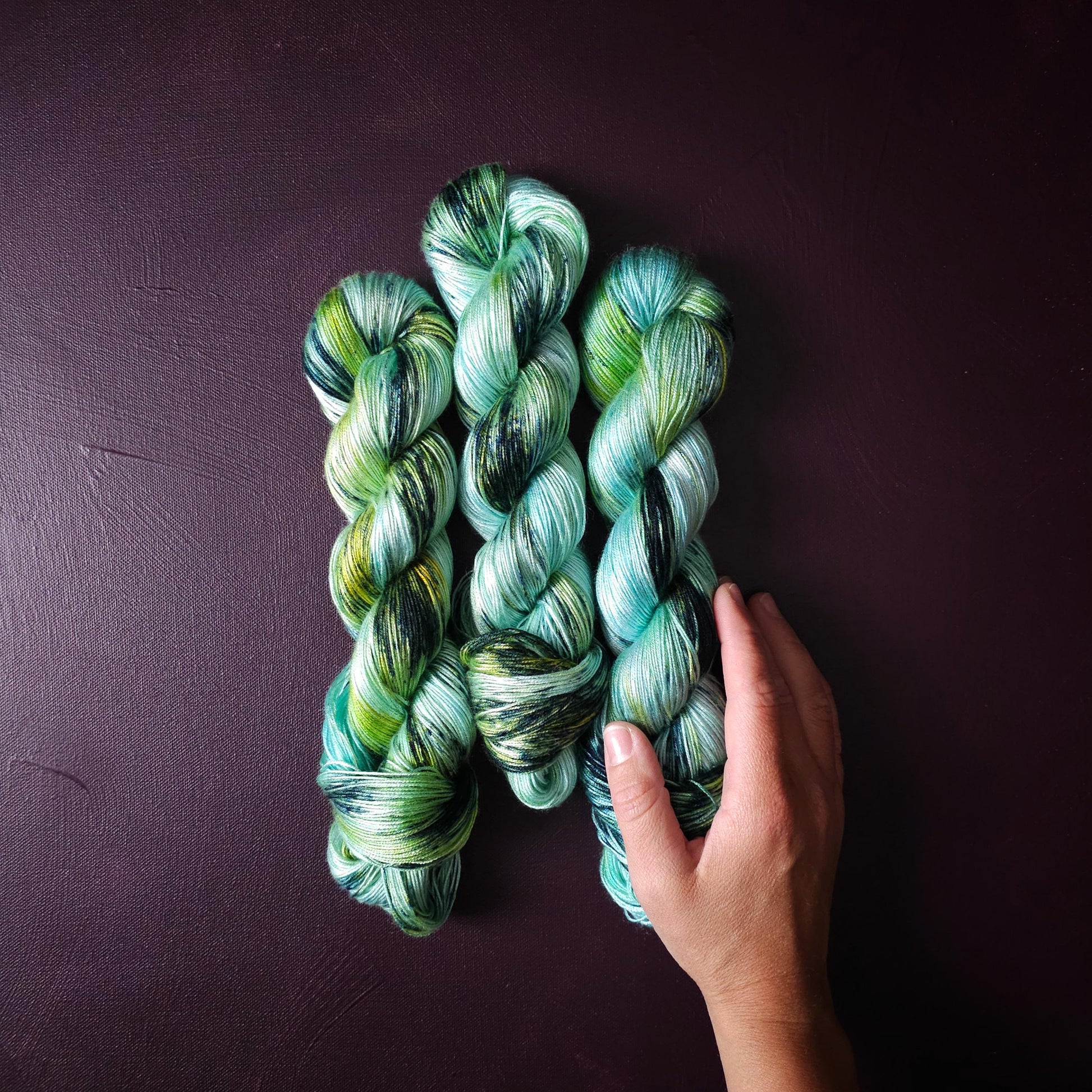 Hand dyed vegan yarn ~ Snow Mermaid ~ fingering or DK weight tencel or bamboo yarn, hand painted mercerized cotton thread, weaving yarn